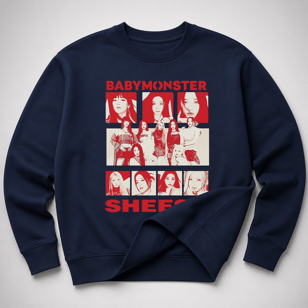 BABYMONSTER Graphic Sheesh Sweatshirt - Spread view, Y2K kpop concert sweatshirt