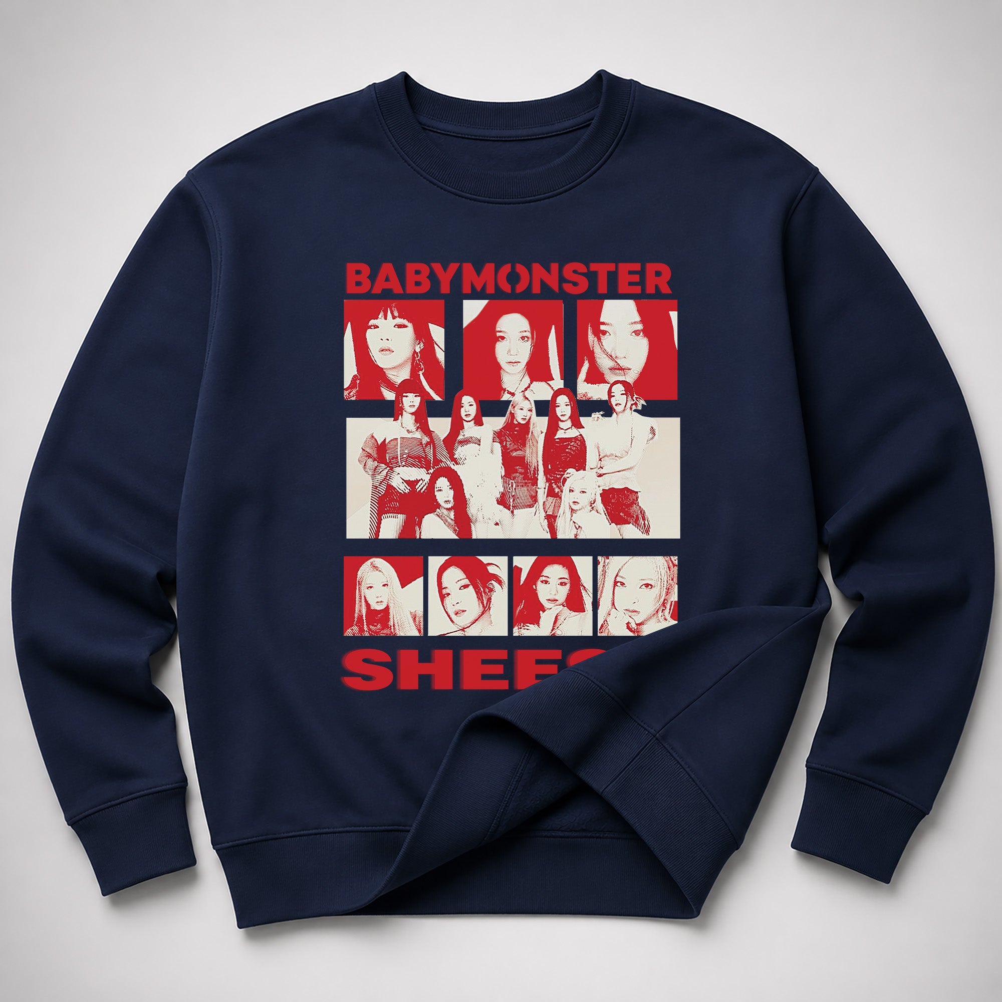 BABYMONSTER Graphic Sheesh Sweatshirt - Spread view, Y2K kpop concert sweatshirt