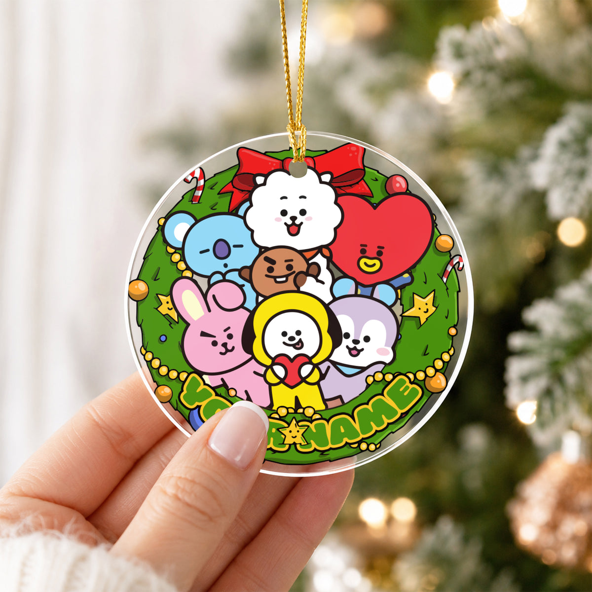 BTS BT21 Wreath Custom Name Ornament - acrylic round ornament, fan-made kpop personalized Christmas ornament