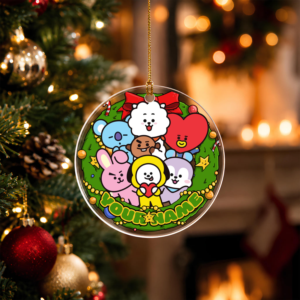 BTS BT21 Wreath Custom Name Ornament - acrylic round ornament, another view, fan-made kpop personalized Christmas ornament