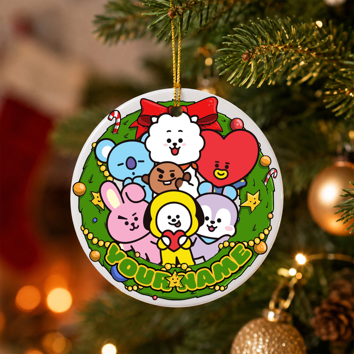 BTS BT21 Wreath Custom Name Ornament - ceramic round ornament, fan-made kpop personalized Christmas ornament