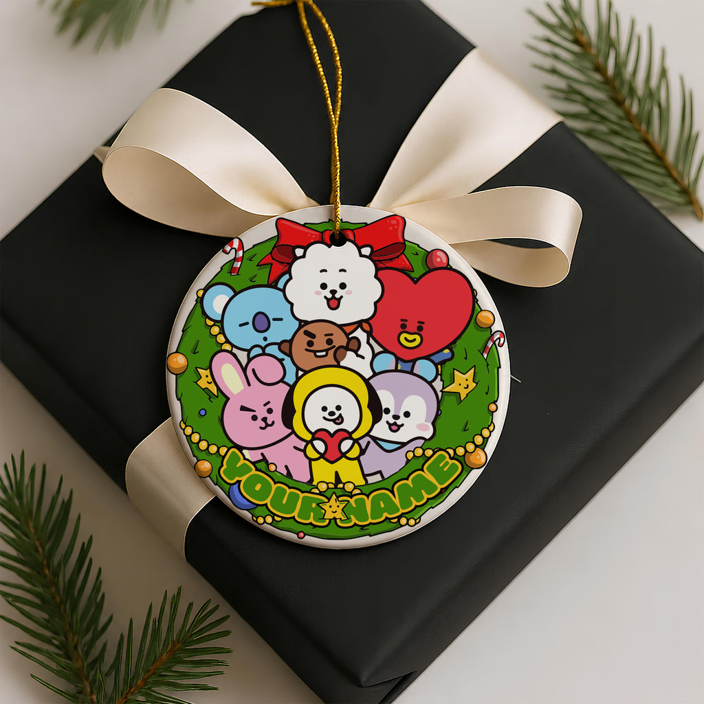 BTS BT21 Wreath Custom Name Ornament - ceramic round ornament, another view, fan-made kpop personalized Christmas ornament
