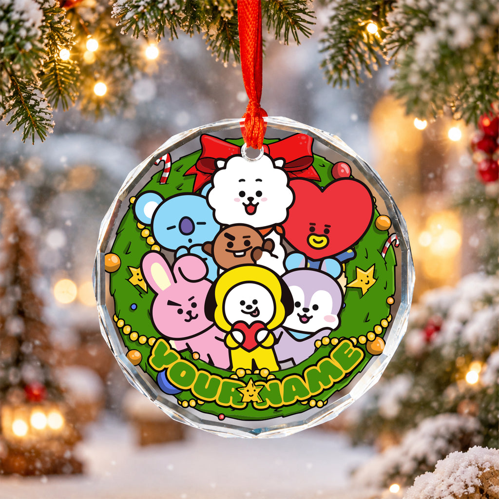 BTS BT21 Wreath Custom Name Ornament - glass round ornament, fan-made kpop personalized Christmas ornament