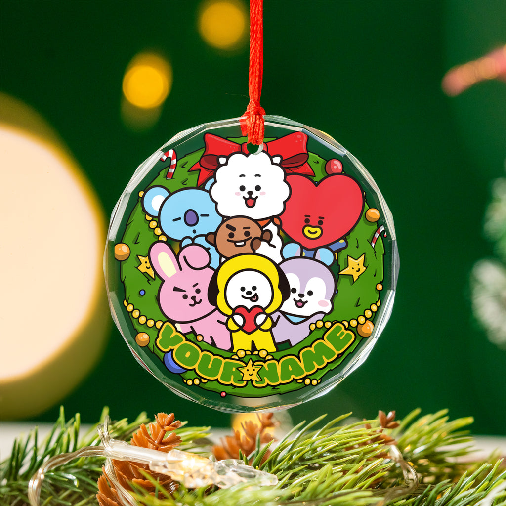 BTS BT21 Wreath Custom Name Ornament - glass round ornament, another view, fan-made kpop personalized Christmas ornament