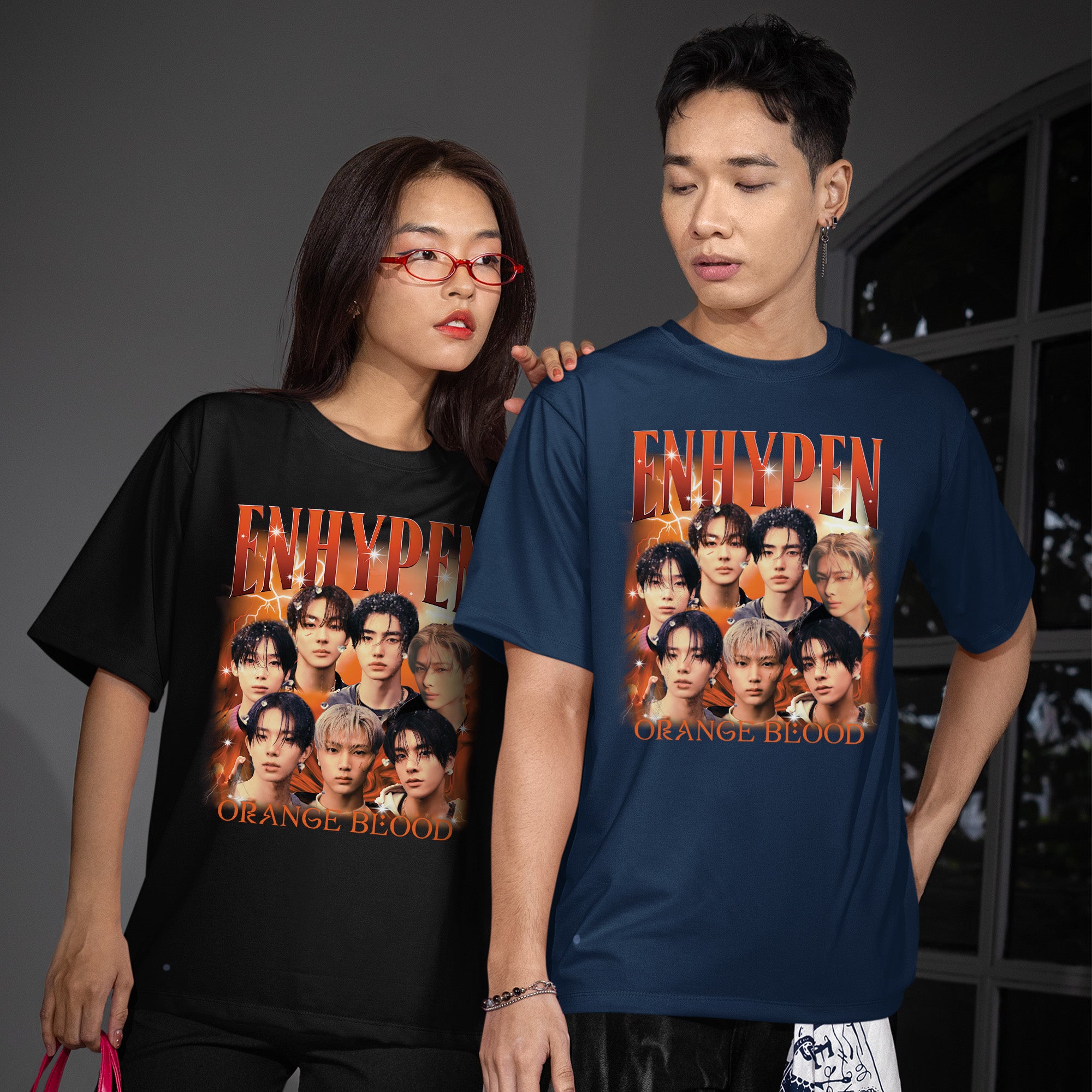 ENHYPEN Orange Blood Graphic T-Shirt - Couple view, Y2K kpop concert tee