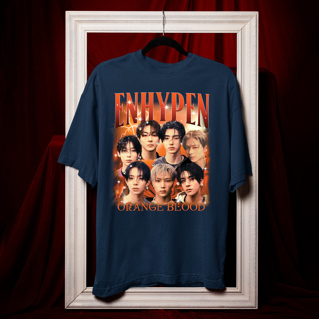 ENHYPEN Orange Blood Graphic T-Shirt - Hang view, Y2K kpop concert tee