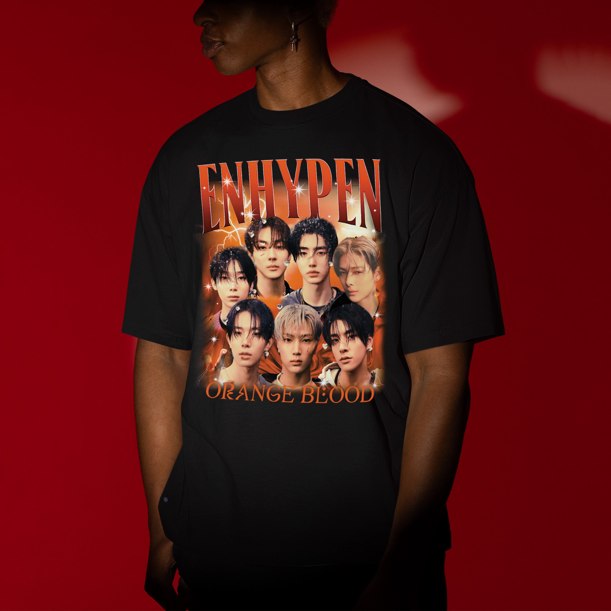 ENHYPEN Orange Blood Graphic T-Shirt - Men view, Y2K kpop concert tee