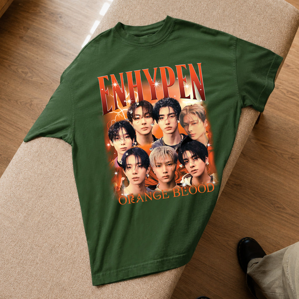 ENHYPEN Orange Blood Graphic T-Shirt - Spread view, Y2K kpop concert tee