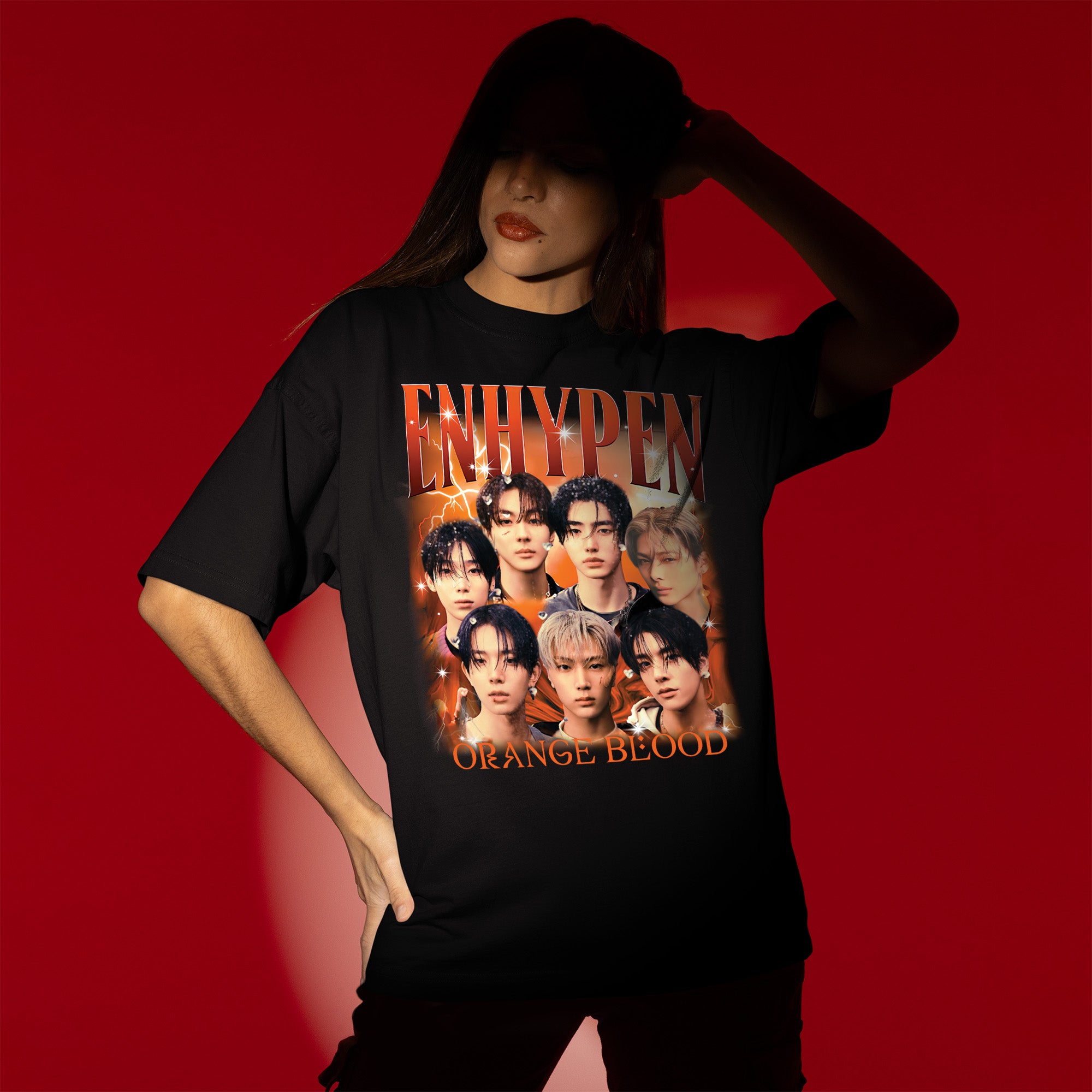 ENHYPEN Orange Blood Graphic T-Shirt - Women view, Y2K kpop concert tee
