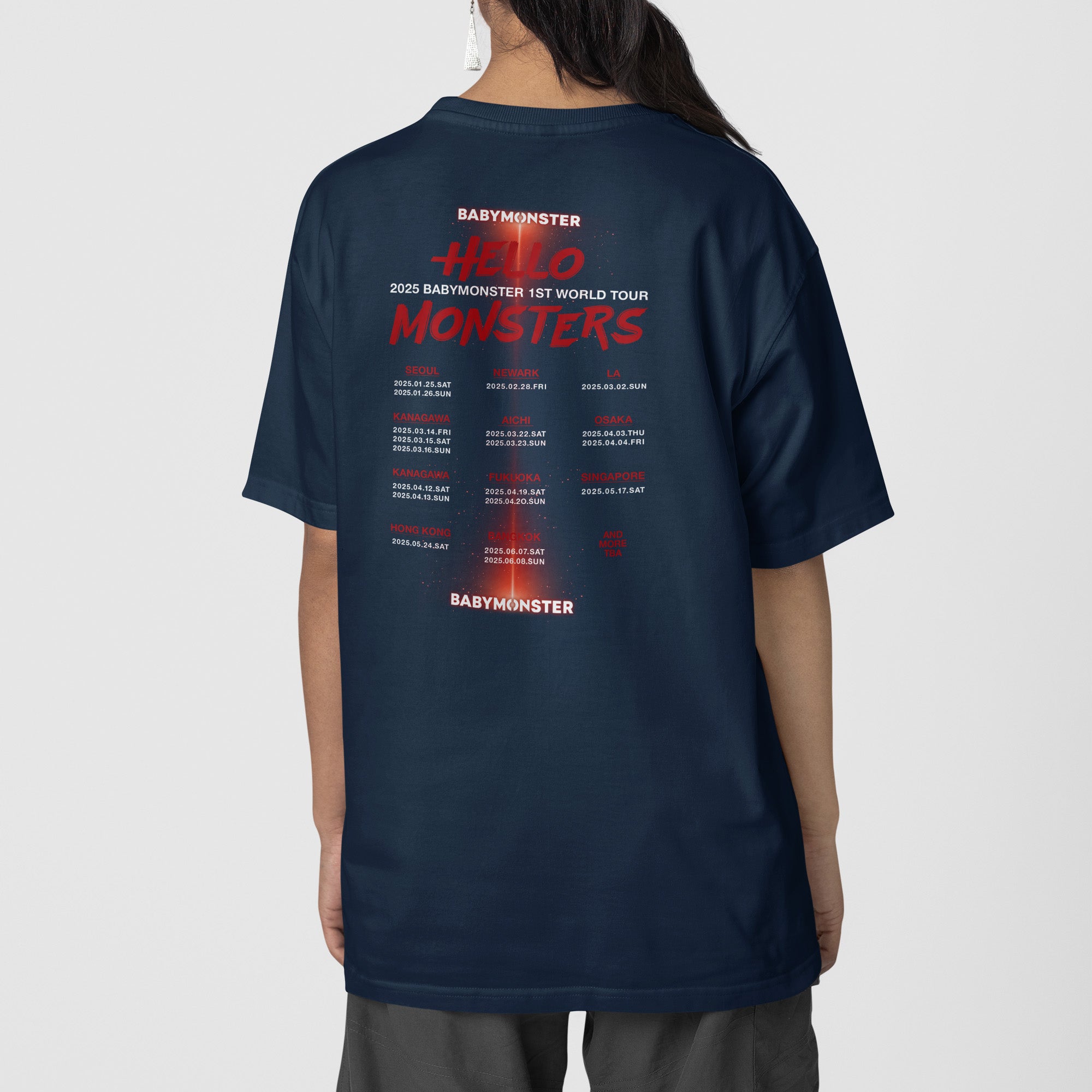BABYMONSTER Graphic Hello Monsters Concert T-Shirt - Back view, Y2K kpop concert tee