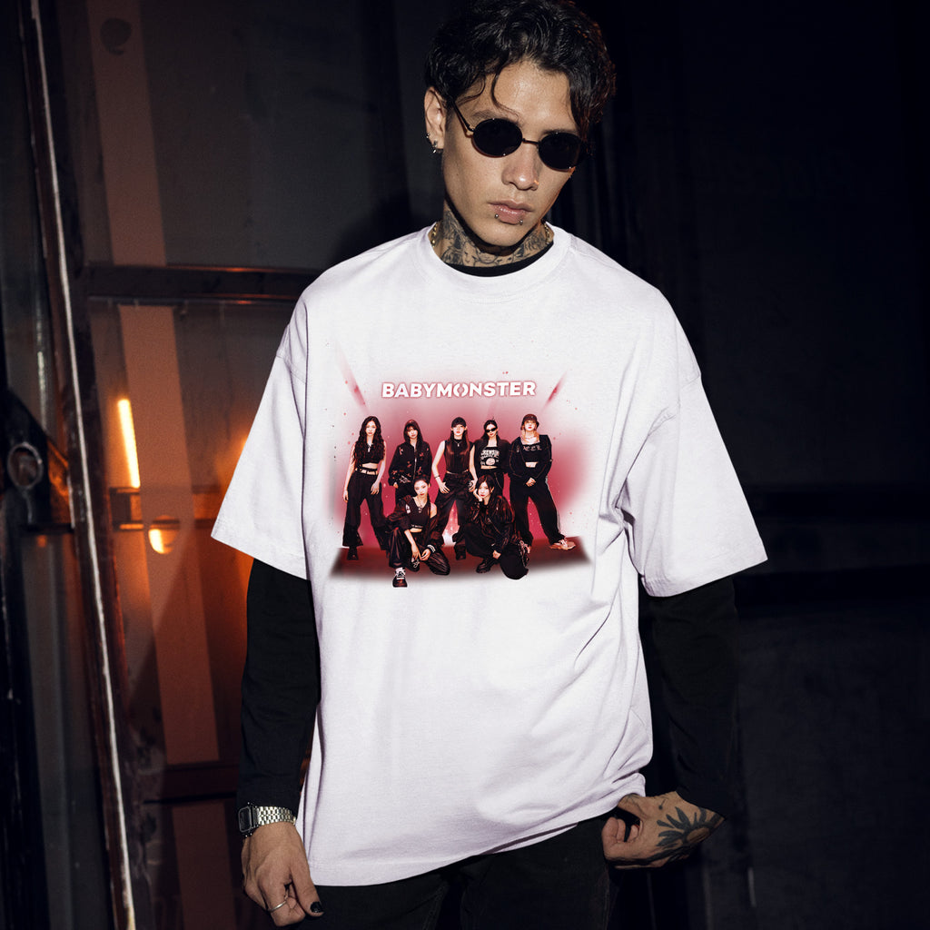 BABYMONSTER Graphic Hello Monsters Concert T-Shirt - Men Front view, Y2K kpop concert tee
