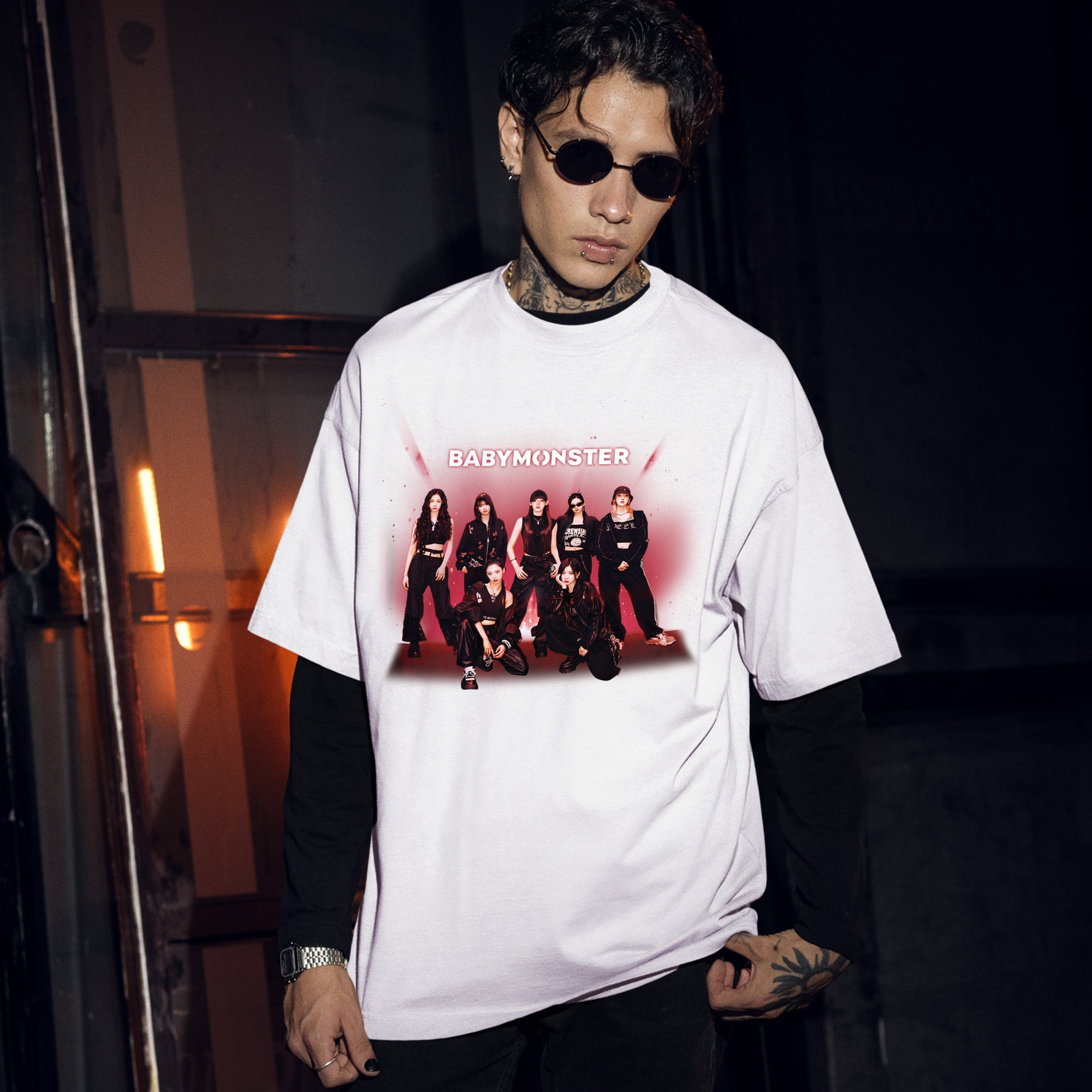BABYMONSTER Graphic Hello Monsters Concert T-Shirt - Men Front view, Y2K kpop concert tee