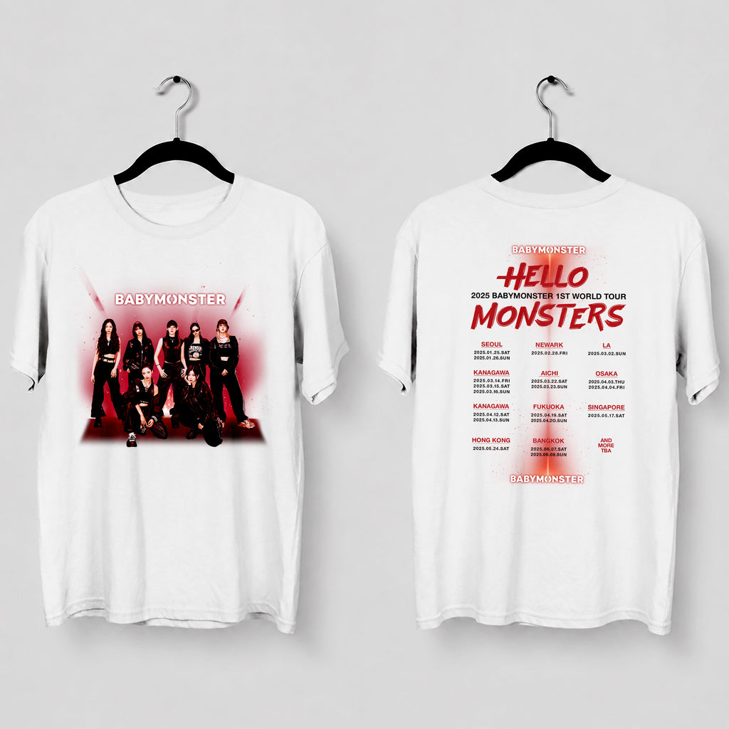 BABYMONSTER Graphic Hello Monsters Concert T-Shirt - Main view, Y2K kpop concert tee