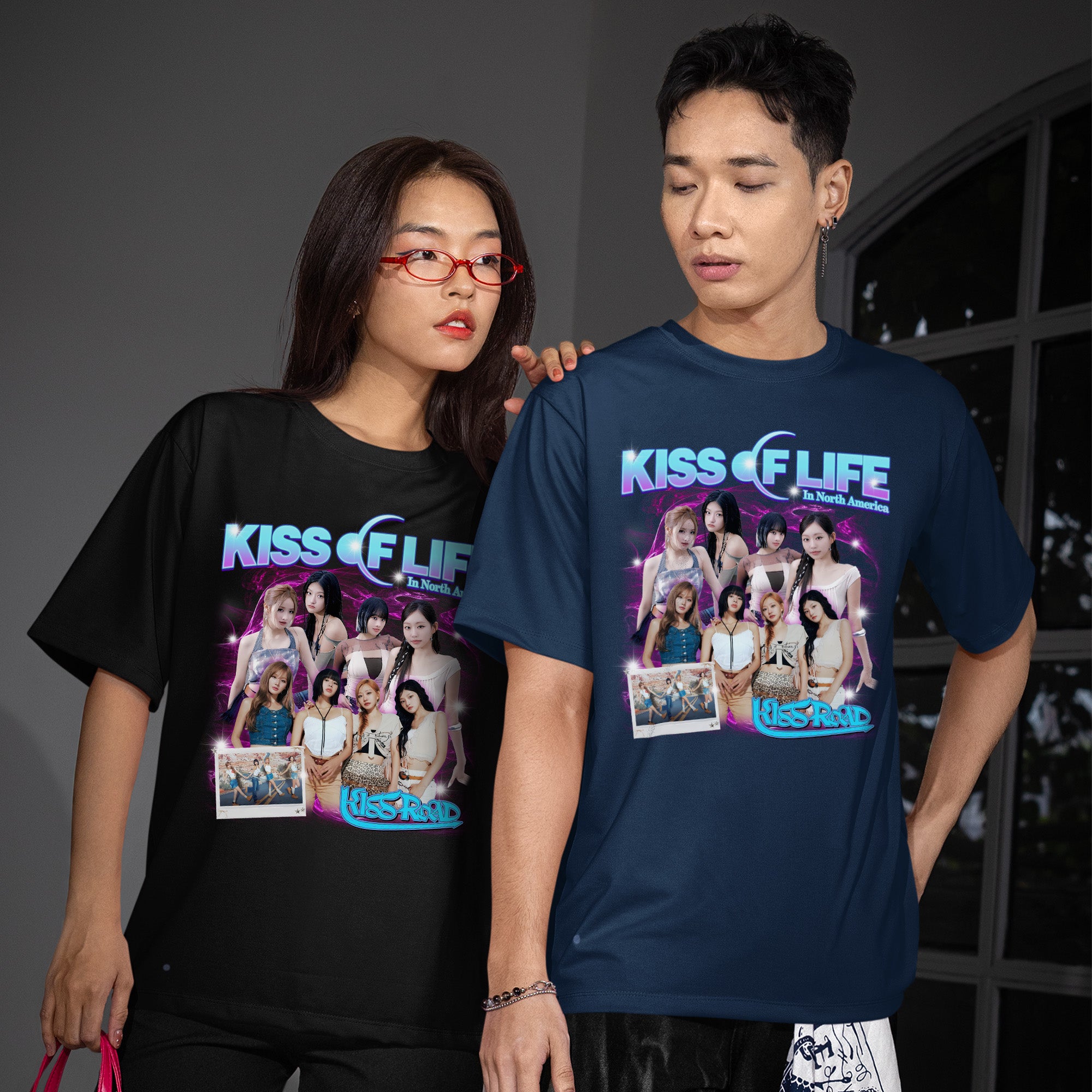 Kiss Of Life Graphic Kiss Road T-Shirt - Couple view, Y2K kpop concert tee