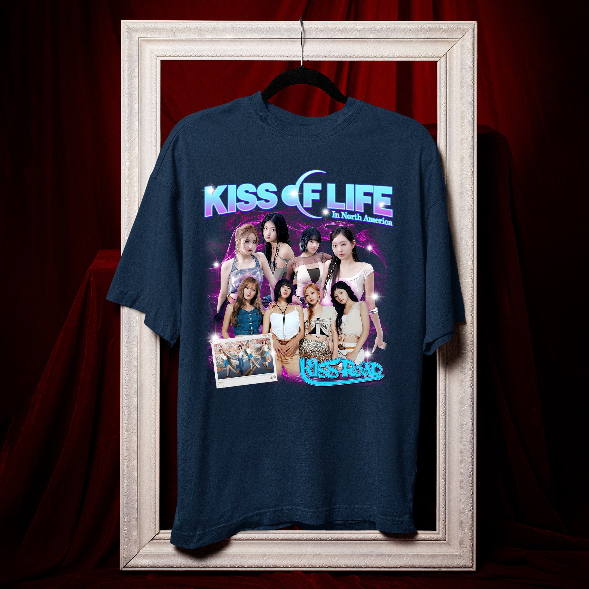 Kiss Of Life Graphic Kiss Road T-Shirt - Hang view, Y2K kpop concert tee