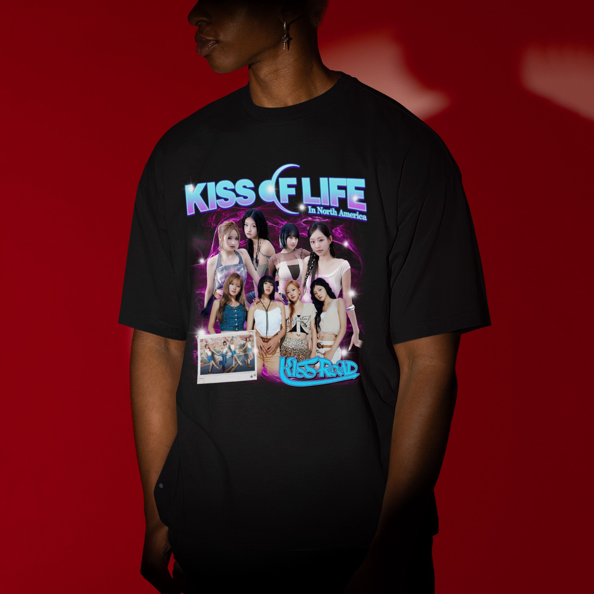 Kiss Of Life Graphic Kiss Road T-Shirt - Men view, Y2K kpop concert tee
