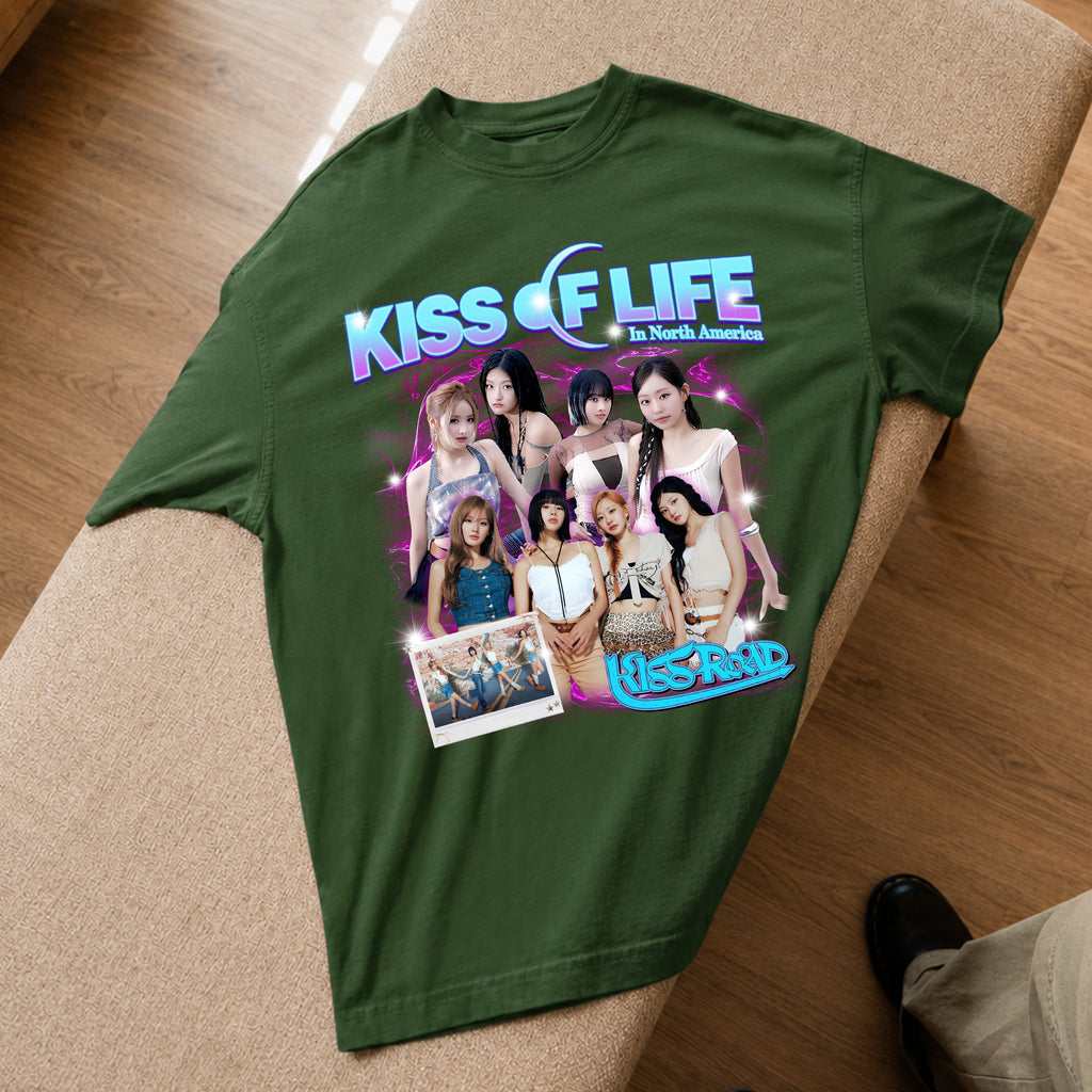 Kiss Of Life Graphic Kiss Road T-Shirt - Spread view, Y2K kpop concert tee