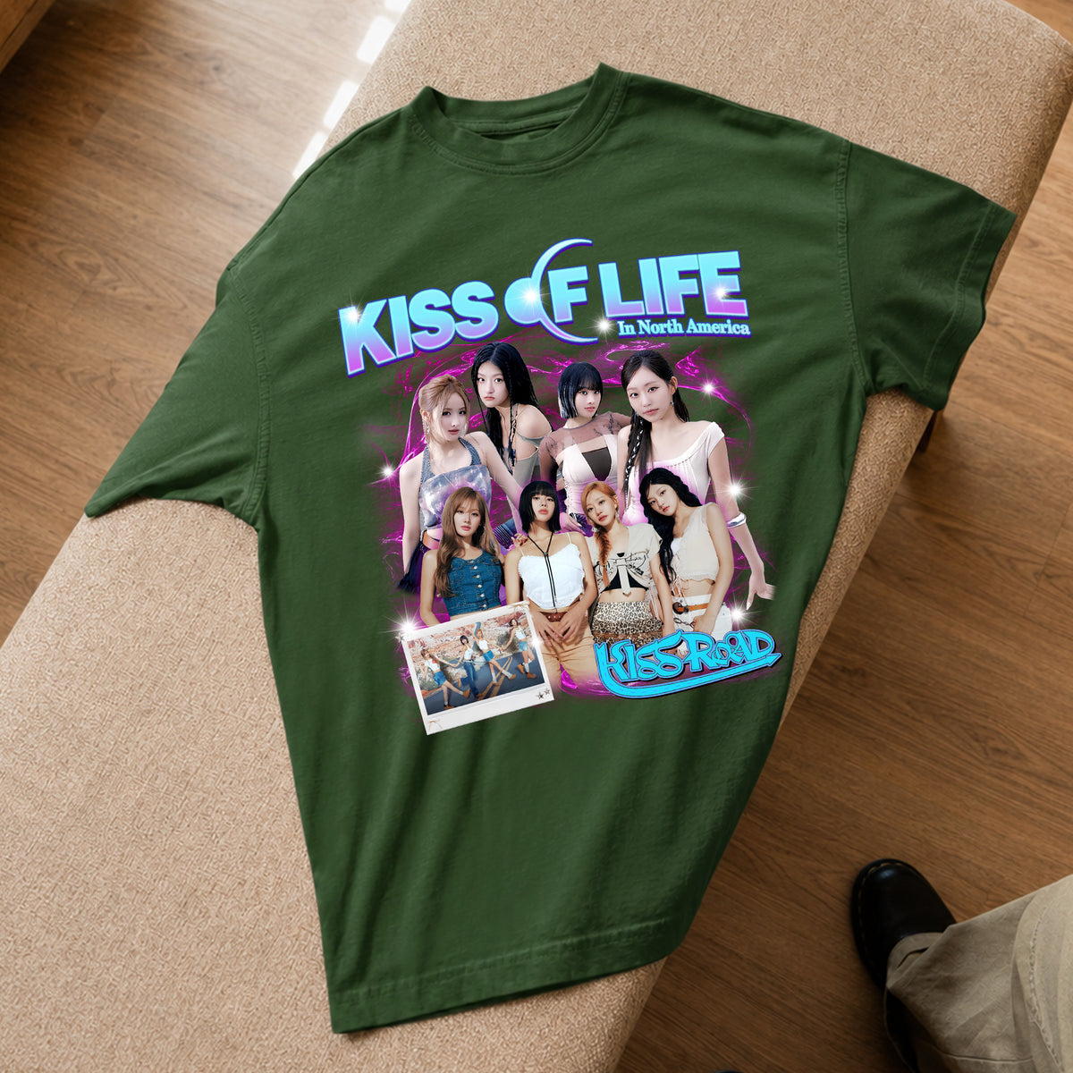 Kiss Of Life Graphic Kiss Road T-Shirt - Spread view, Y2K kpop concert tee