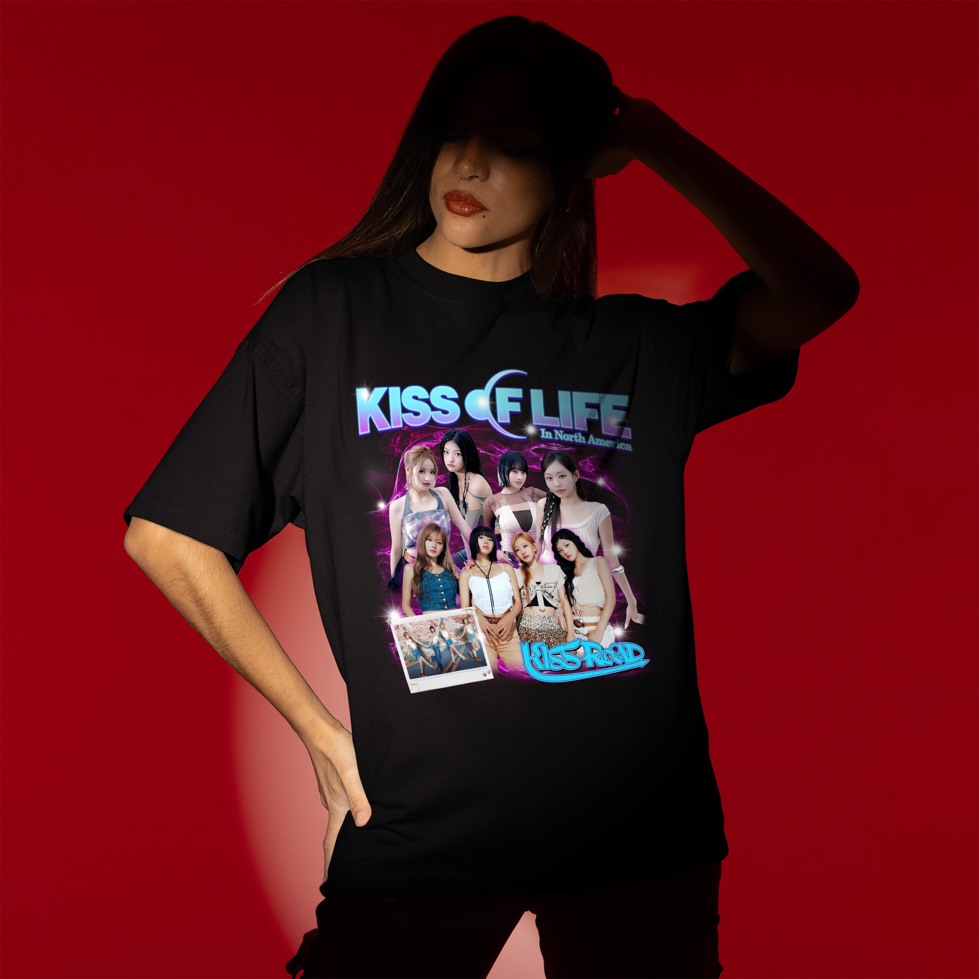 Kiss Of Life Graphic Kiss Road T-Shirt - Women view, Y2K kpop concert tee