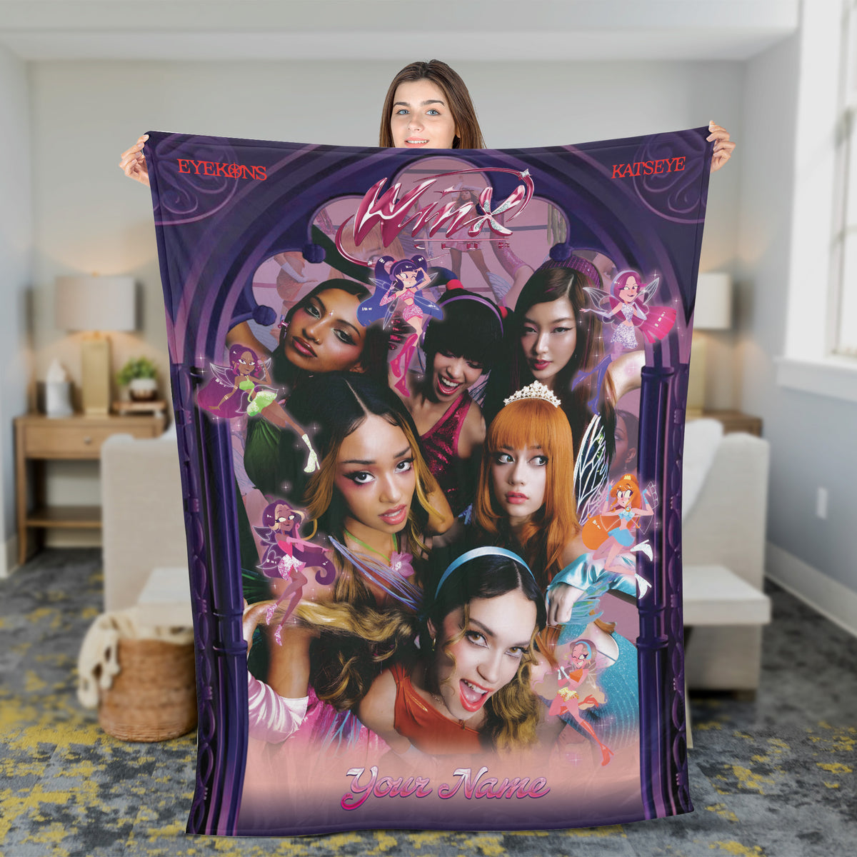 KATSEYE Winx Custom Name Blanket - held up to show the full print, fan-made kpop personalized fleece blanket