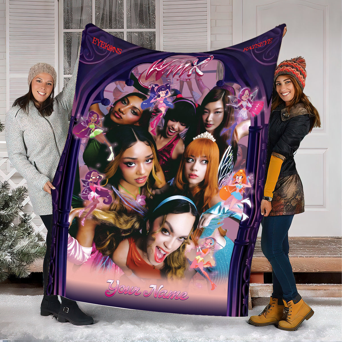 KATSEYE Winx Custom Name Blanket - main view, fan-made kpop personalized fleece blanket