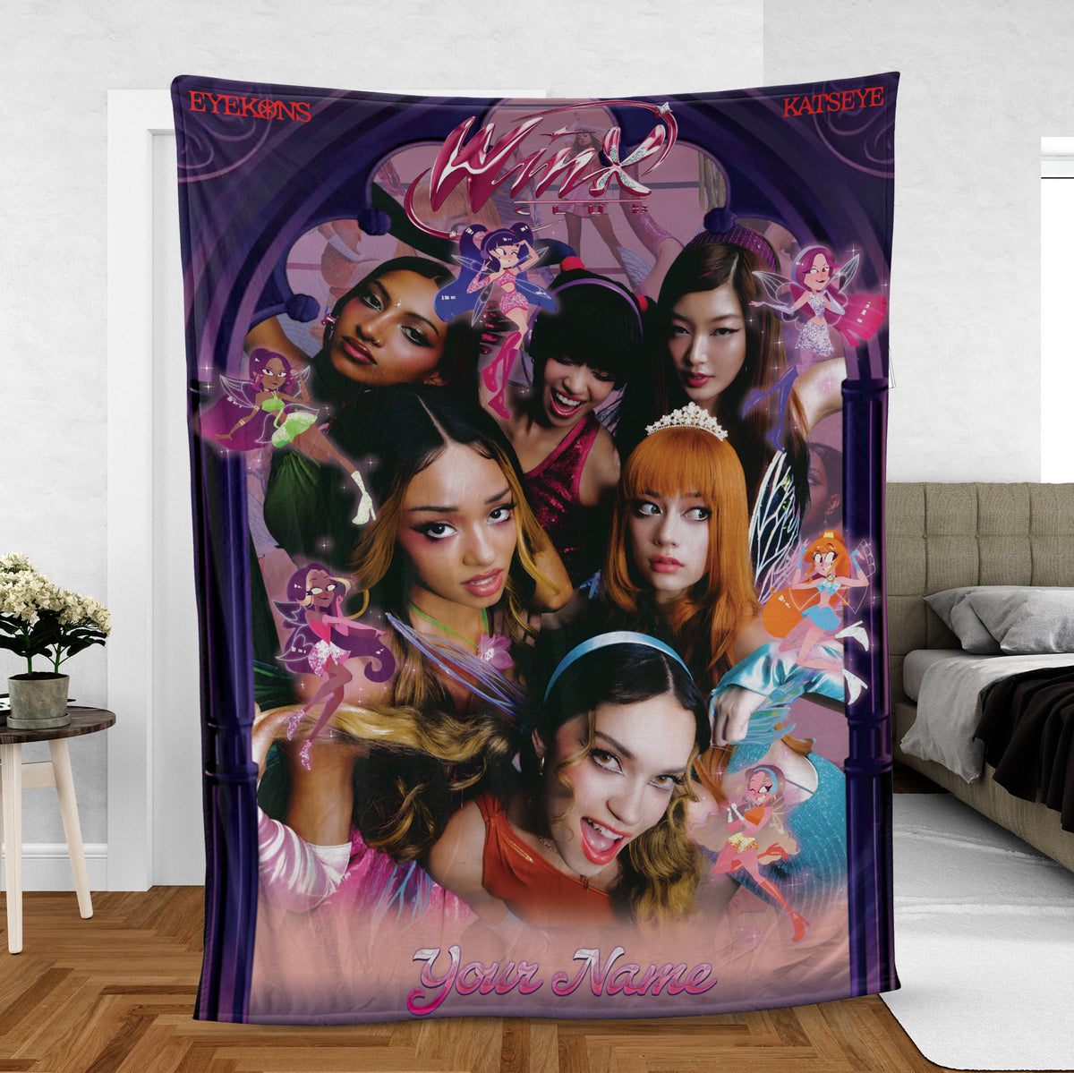 KATSEYE Winx Custom Name Blanket - bedroom view, fan-made kpop personalized fleece blanket