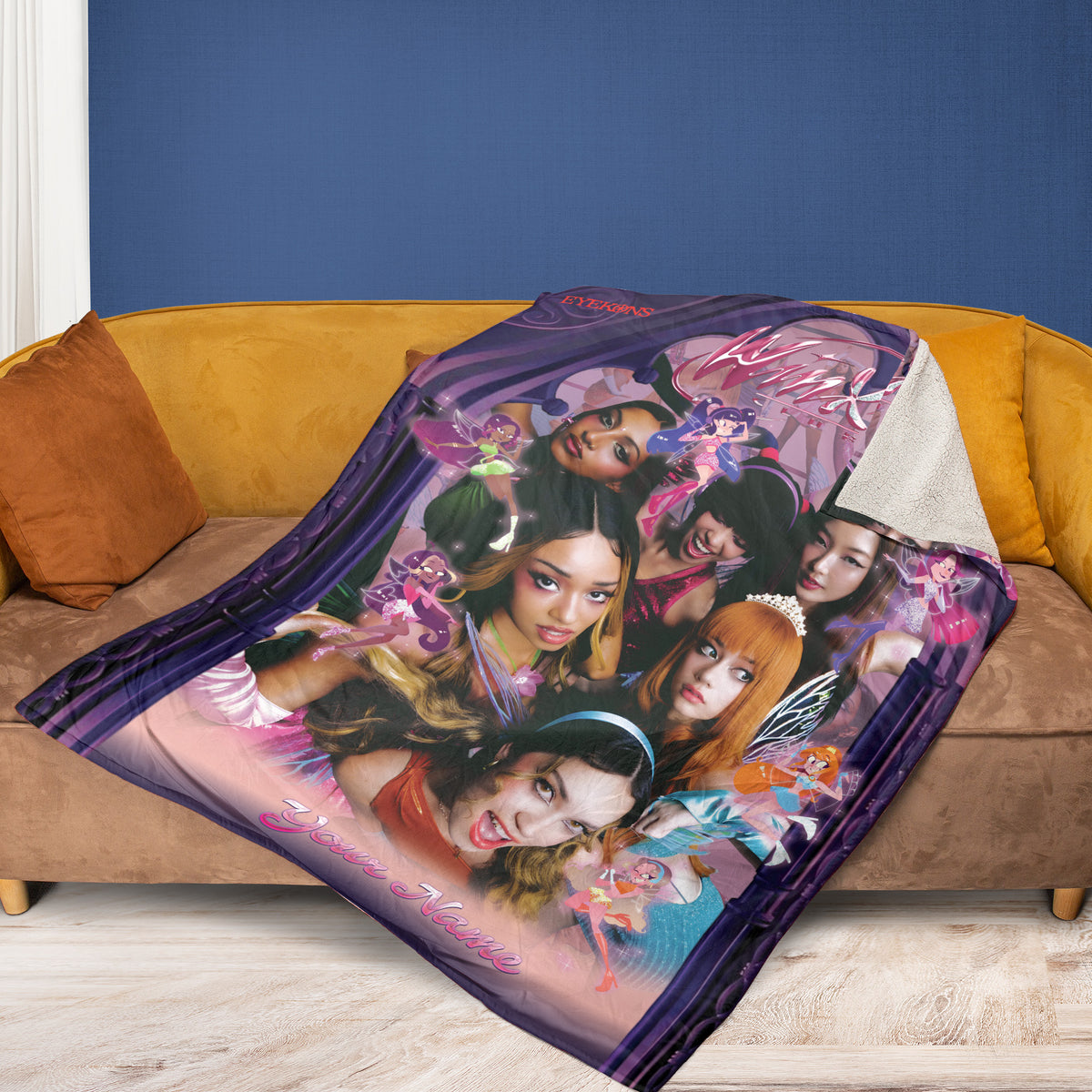 KATSEYE Winx Custom Name Blanket - on a sofa, fan-made kpop personalized fleece blanket
