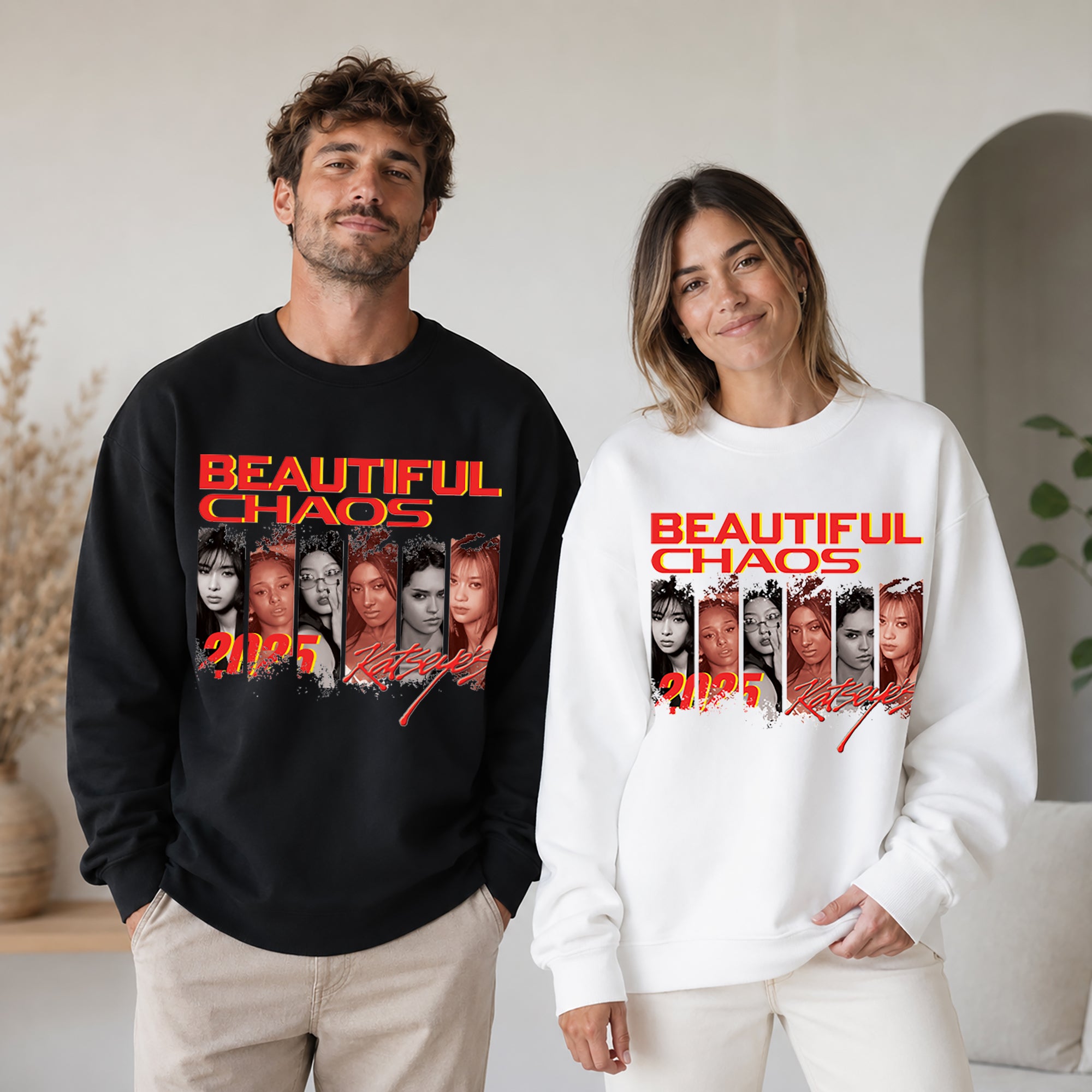 KATSEYE Retro Member Beautiful Chaos Sweatshirt - Couple view, Y2K kpop concert sweatshirt