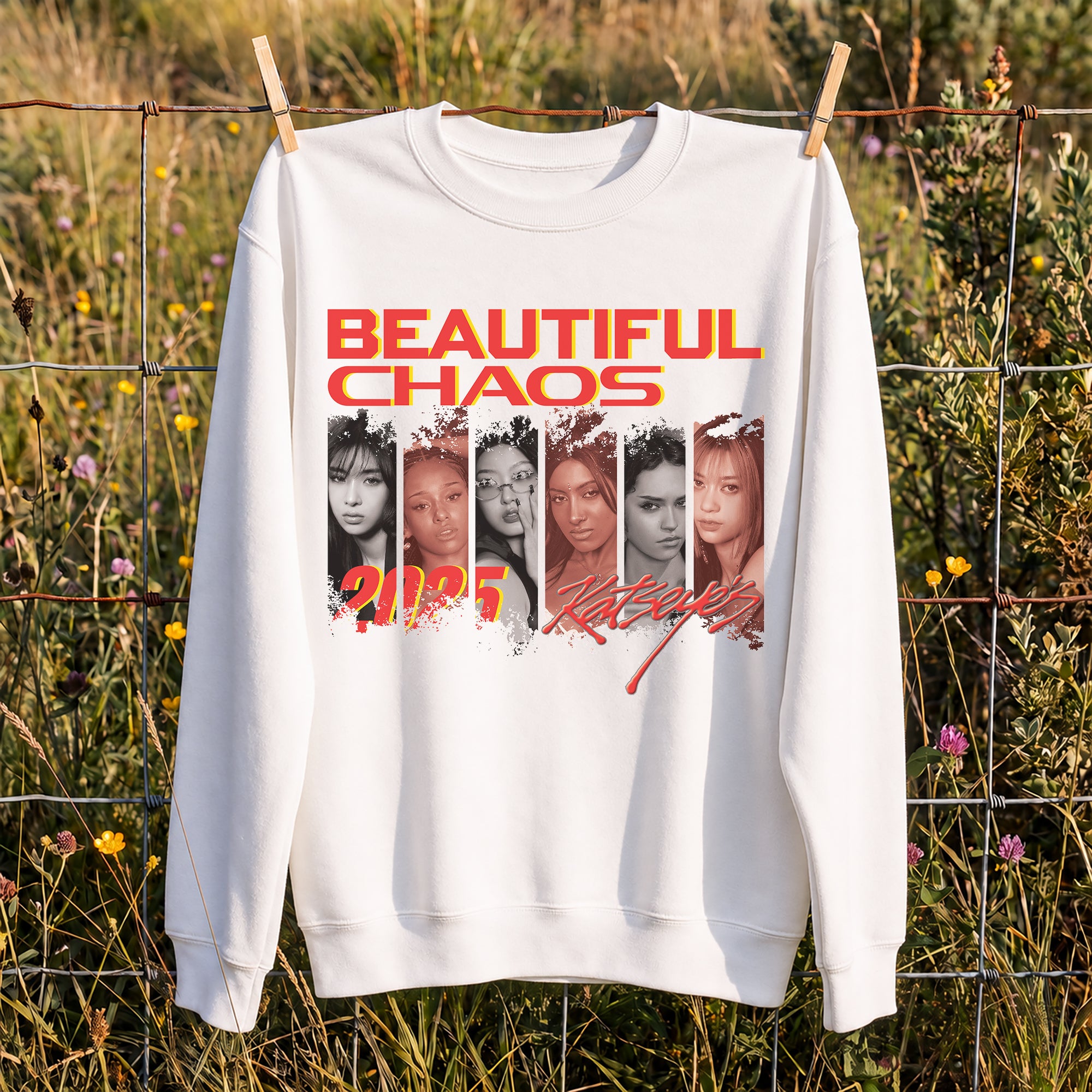 KATSEYE Retro Member Beautiful Chaos Sweatshirt - Hang view, Y2K kpop concert sweatshirt