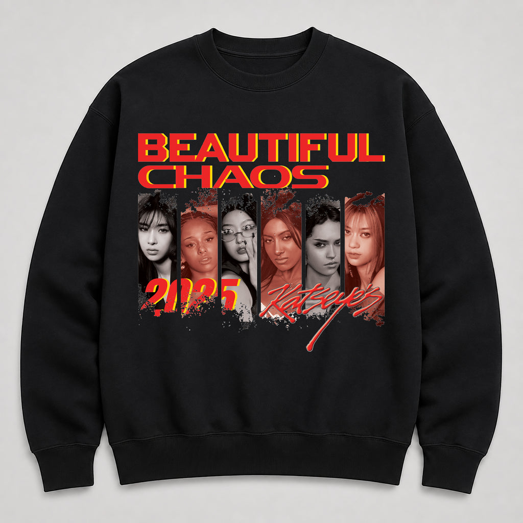 KATSEYE Retro Member Beautiful Chaos Sweatshirt - Main view, Y2K kpop concert sweatshirt