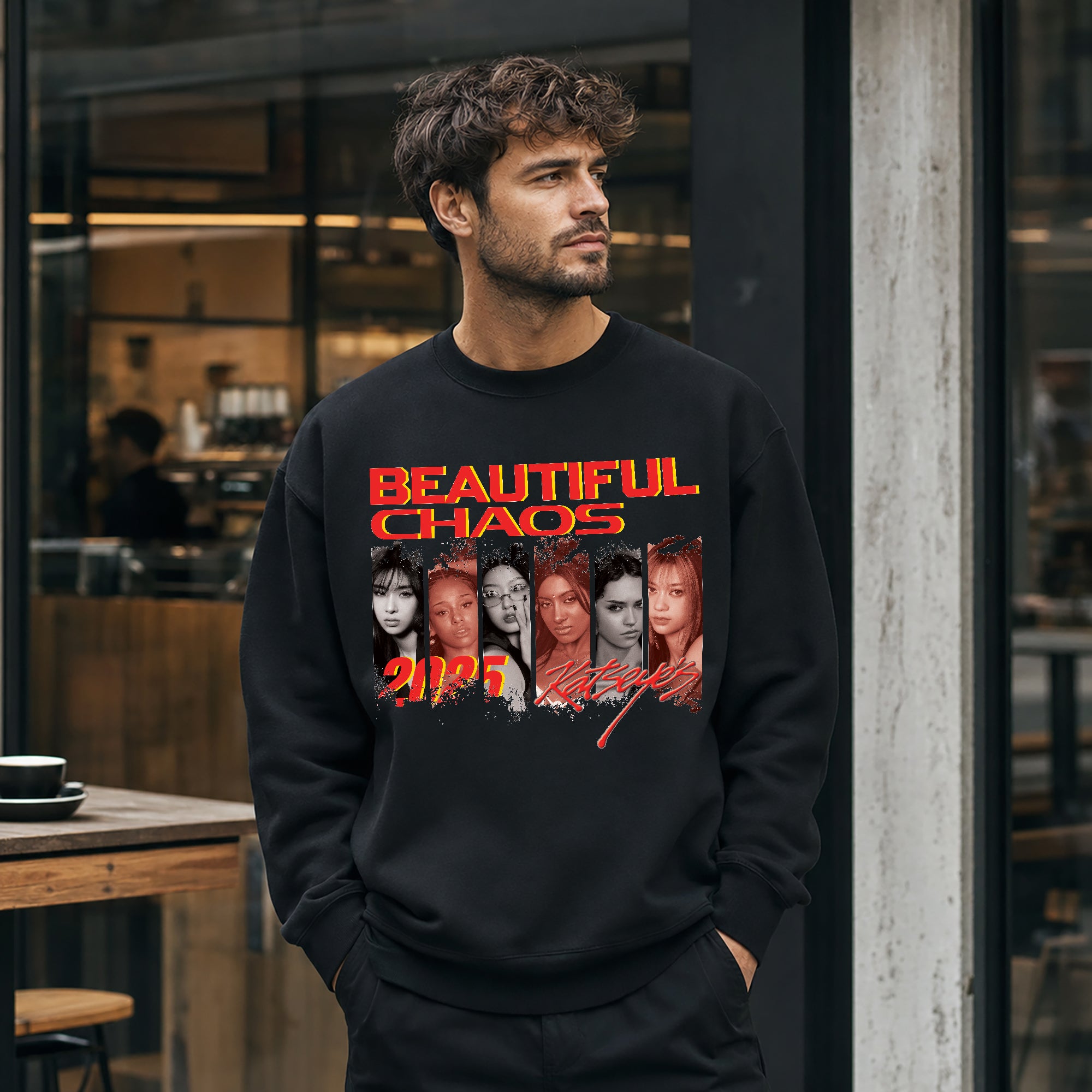 KATSEYE Retro Member Beautiful Chaos Sweatshirt - Men view, Y2K kpop concert sweatshirt
