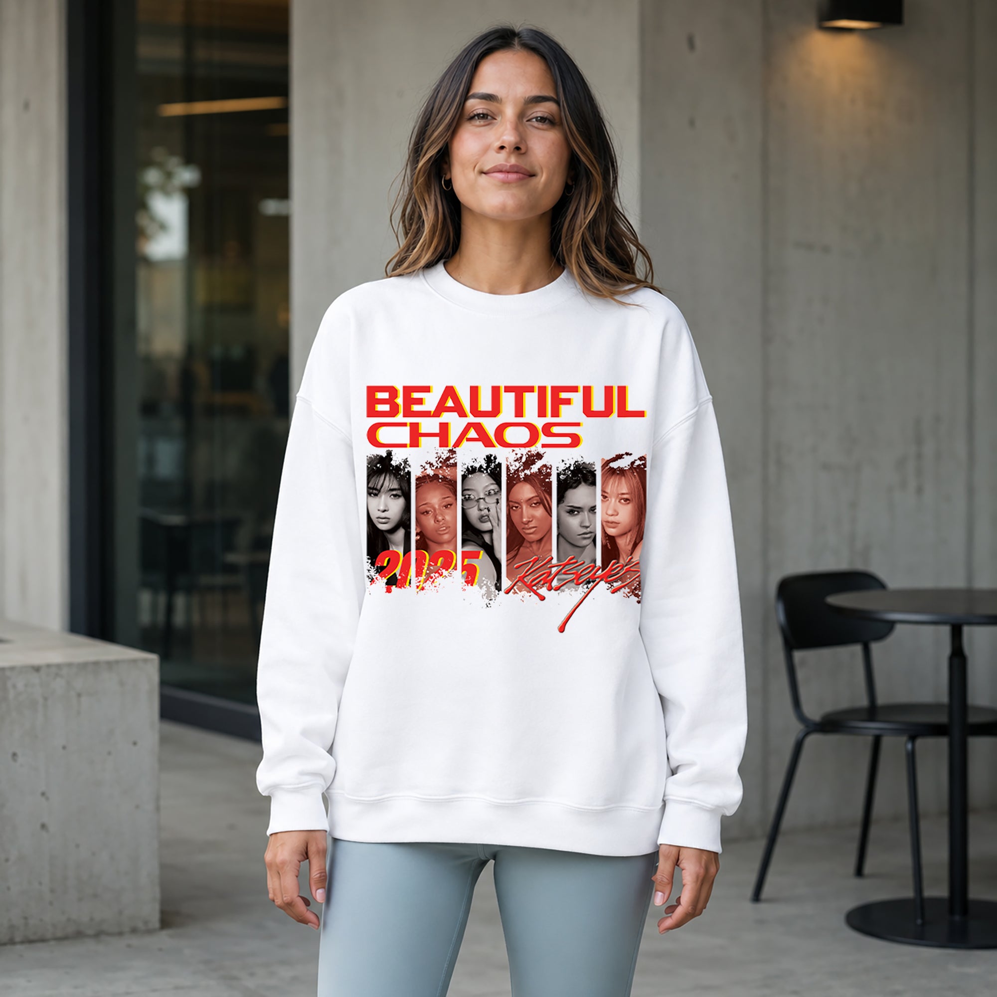 KATSEYE Retro Member Beautiful Chaos Sweatshirt - Women view, Y2K kpop concert sweatshirt