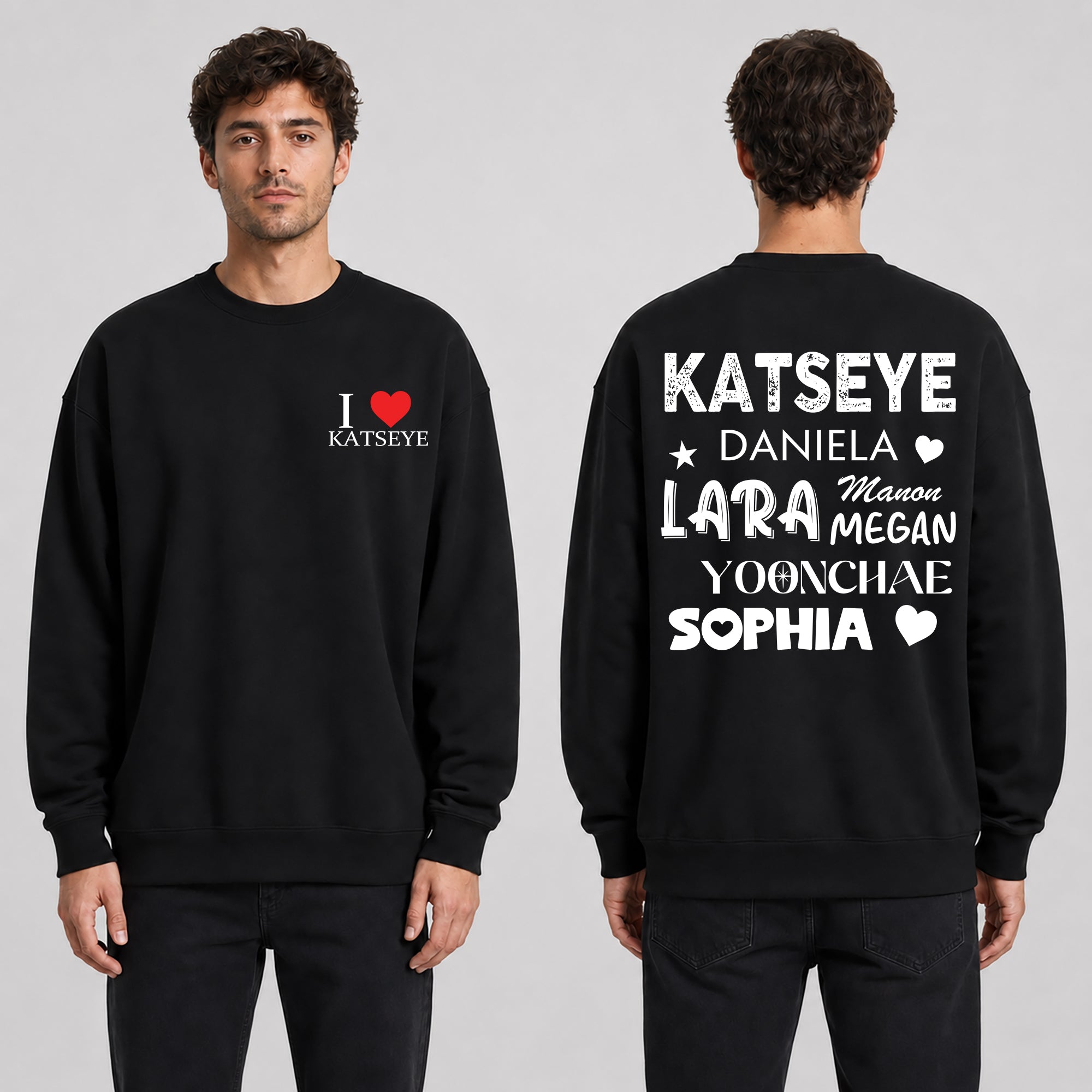KATSEYE I Love Sweatshirt - Men view, Y2K kpop concert sweatshirt