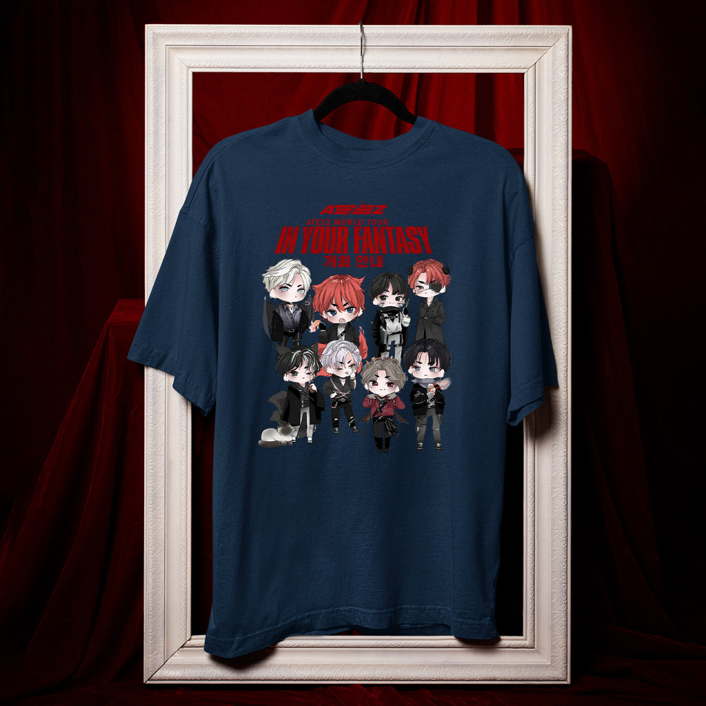 ATEEZ Chibi World Tour In Your Fantasy T-Shirt - Hang view, Y2K kpop concert tee