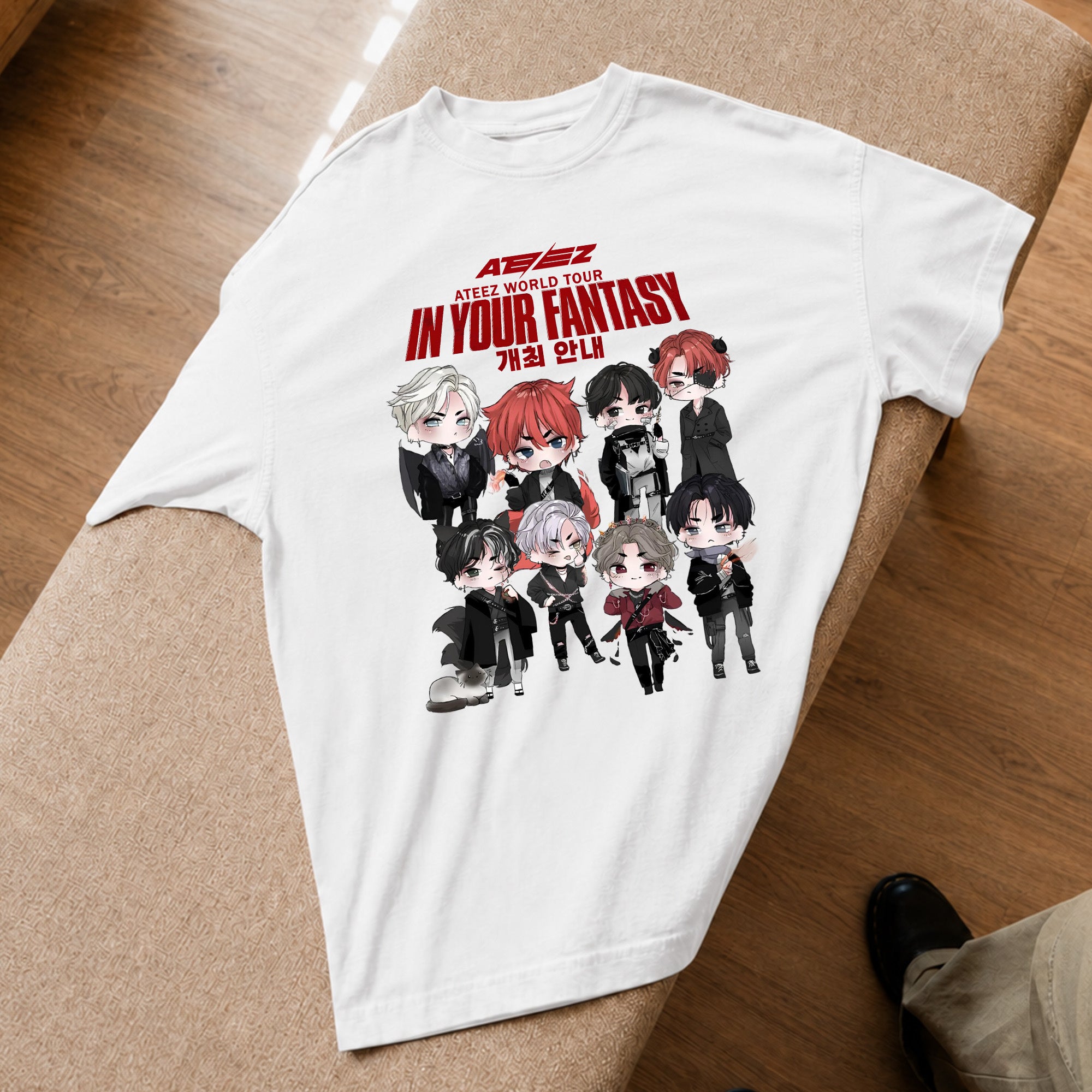 ATEEZ Chibi World Tour In Your Fantasy T-Shirt - Spread view, Y2K kpop concert tee
