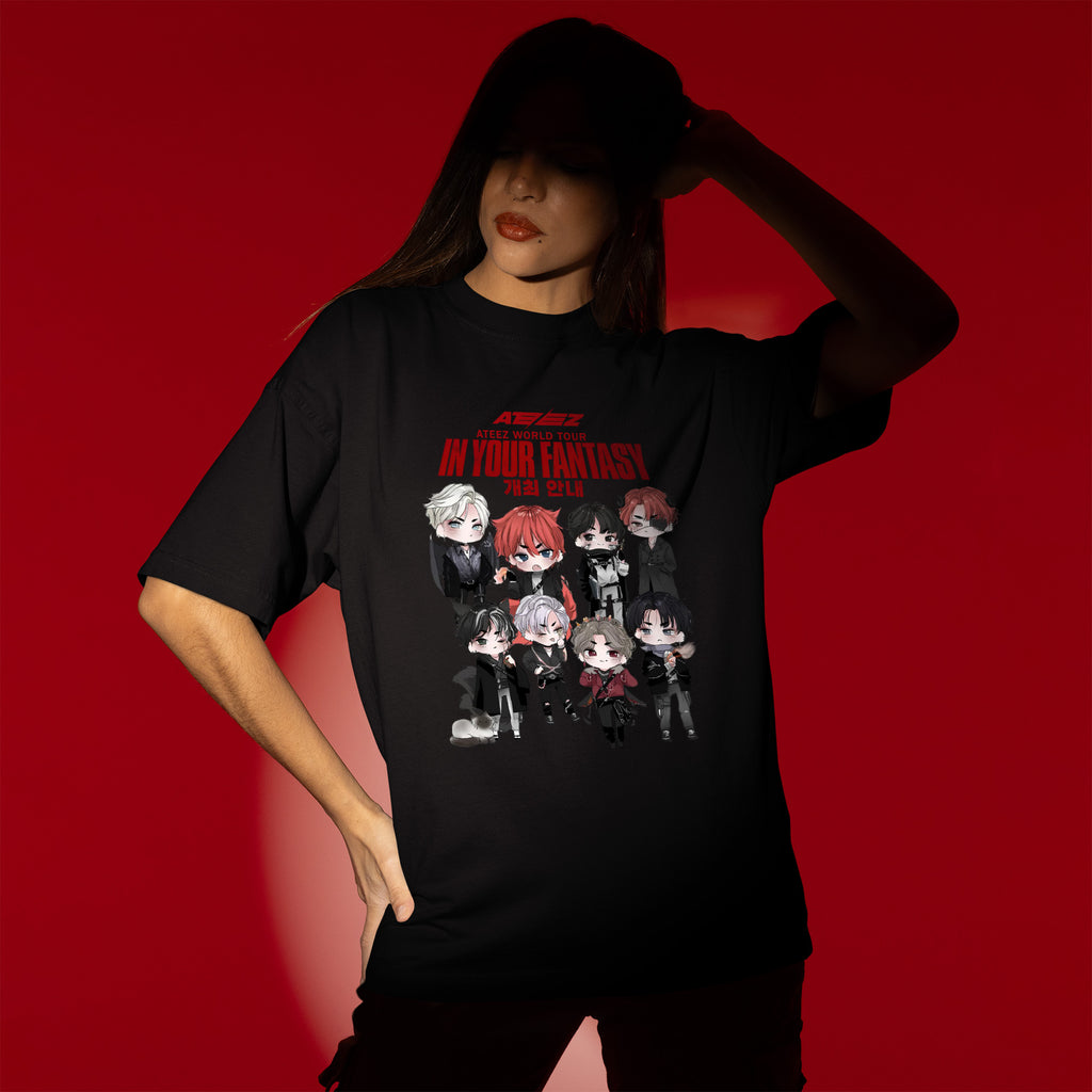 ATEEZ Chibi World Tour In Your Fantasy T-Shirt - Women view, Y2K kpop concert tee