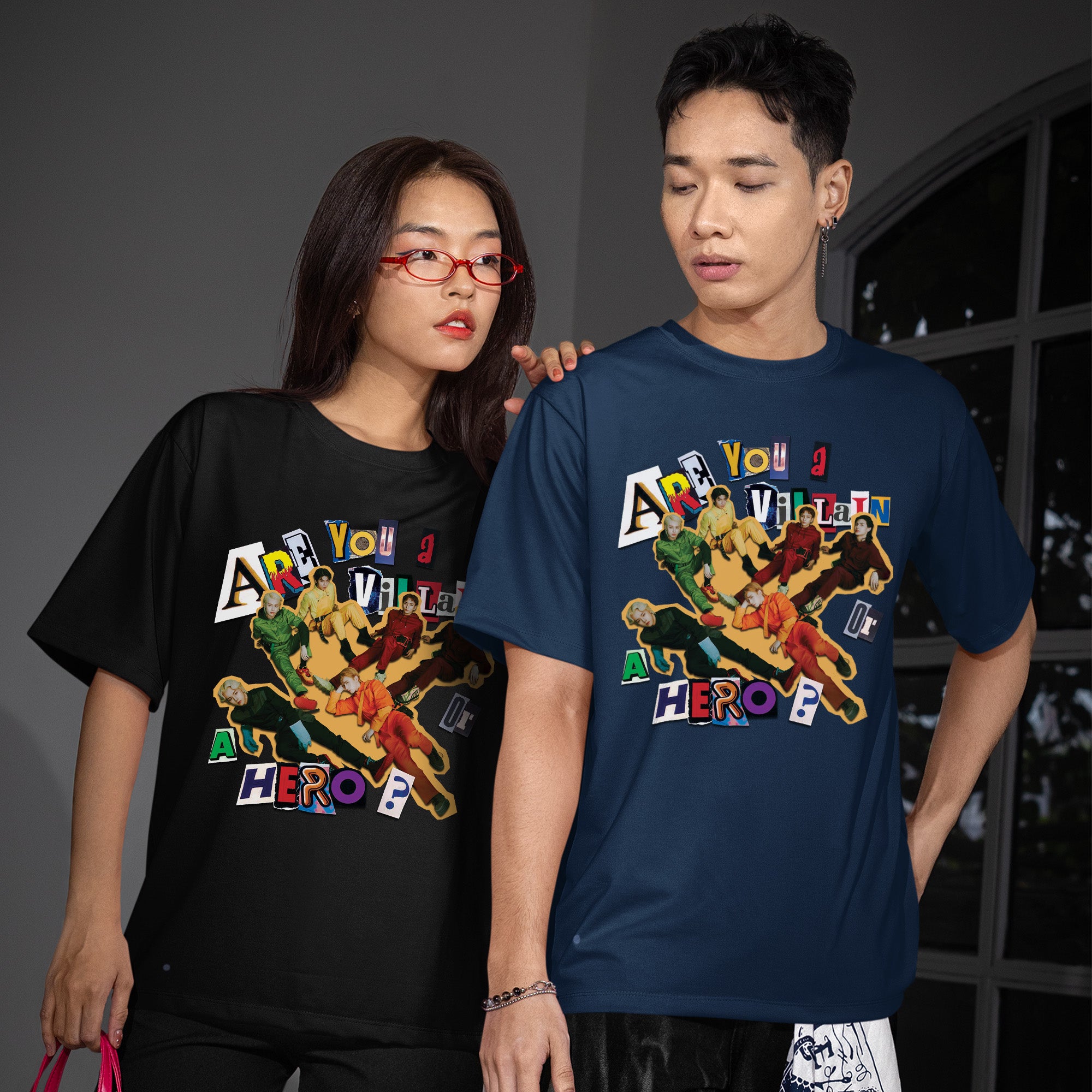 XDINARY HEROES Are You A Villain or A Hero T-Shirt - Couple view, Y2K kpop concert tee