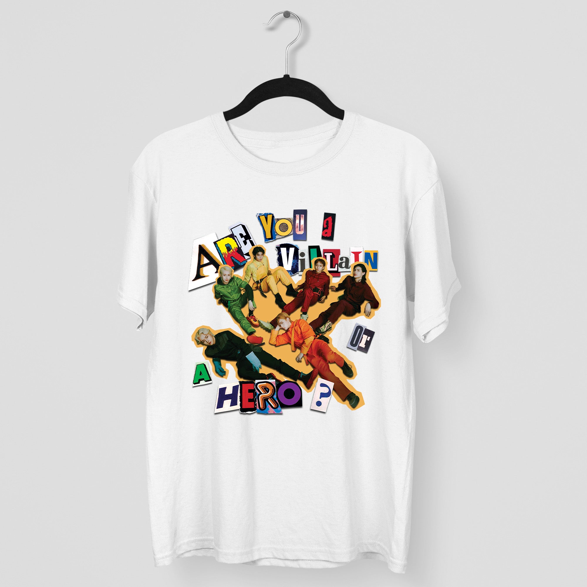 XDINARY HEROES Are You A Villain or A Hero T-Shirt - Main view, Y2K kpop concert tee