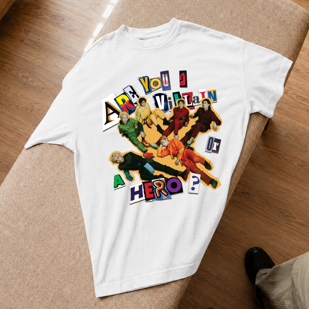 XDINARY HEROES Are You A Villain or A Hero T-Shirt - Spread view, Y2K kpop concert tee