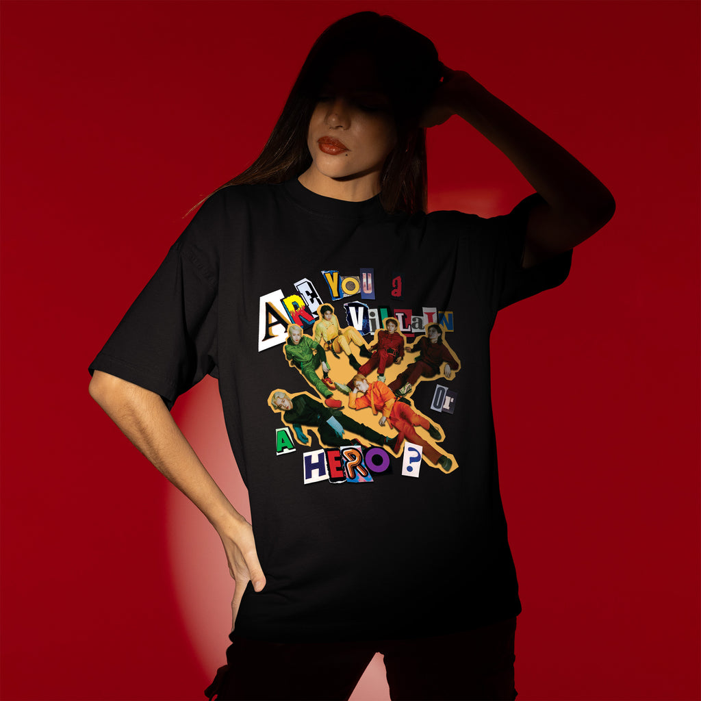 XDINARY HEROES Are You A Villain or A Hero T-Shirt - Women view, Y2K kpop concert tee