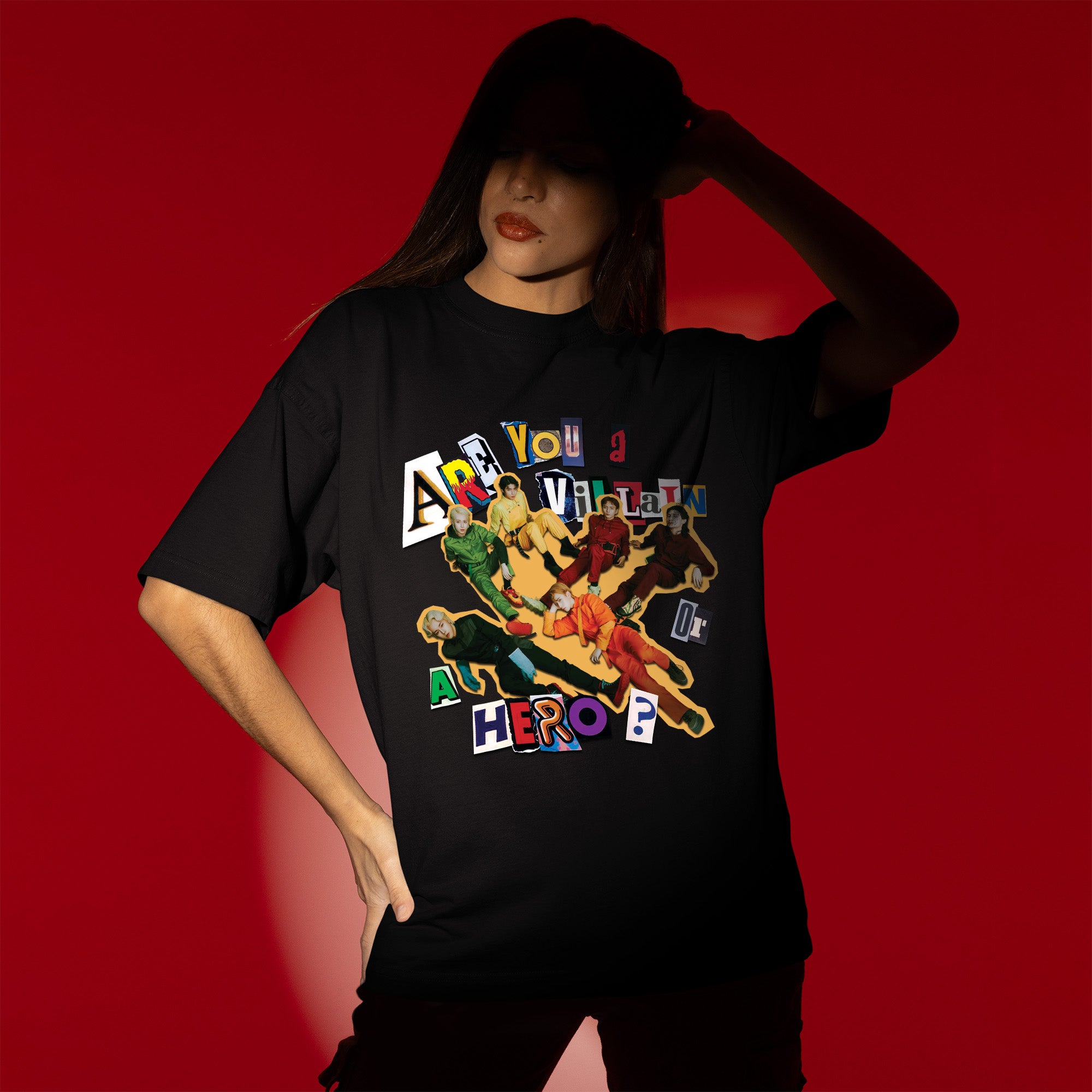 XDINARY HEROES Are You A Villain or A Hero T-Shirt - Women view, Y2K kpop concert tee