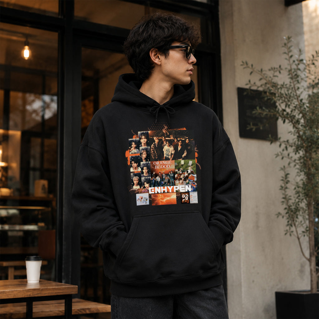 ENHYPEN Orange Blood Poster Collection Hoodie - Men view, Y2K kpop concert hoodie