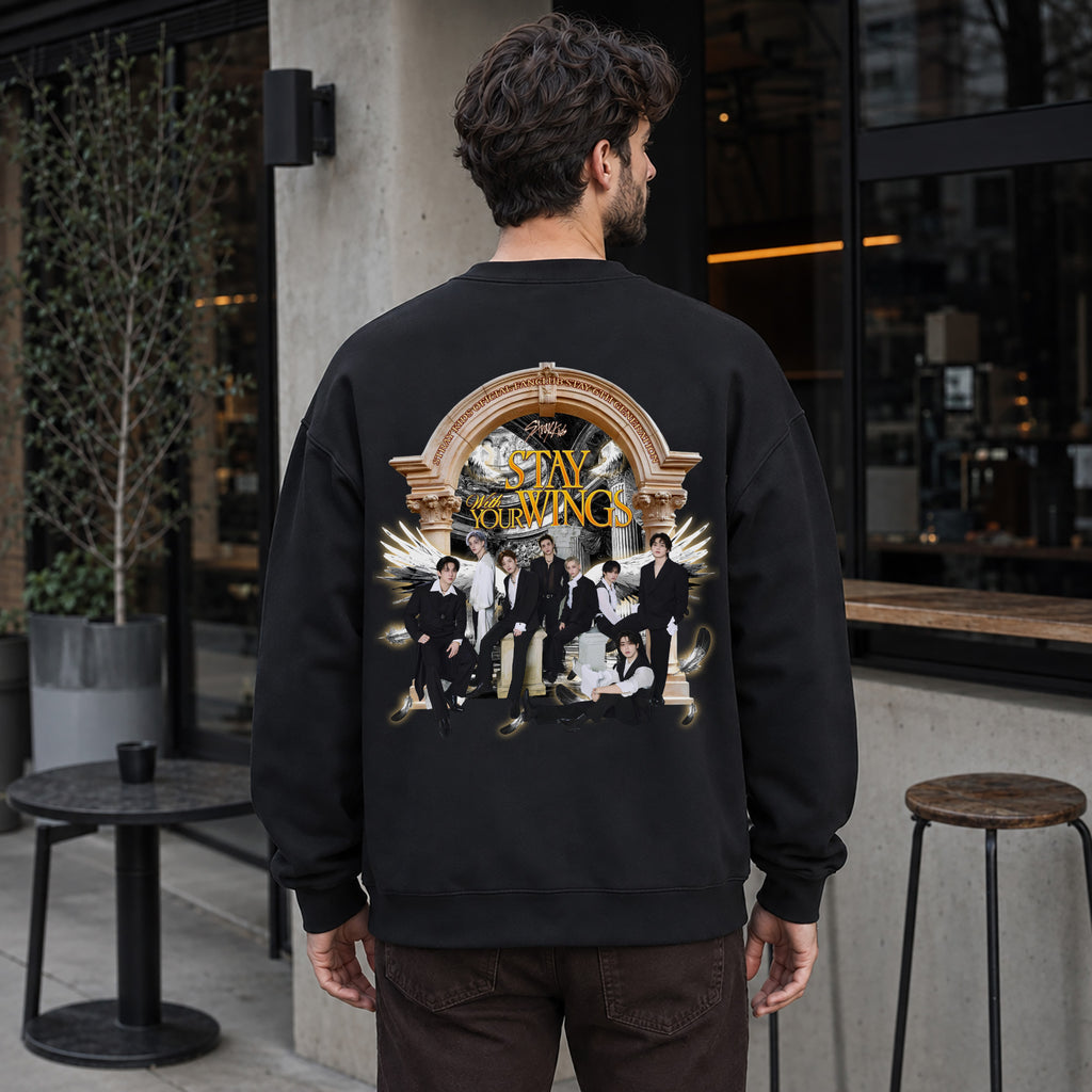 Stray Kids Stay With Your Wings Sweatshirt - Men Back view, Y2K kpop concert sweatshirt