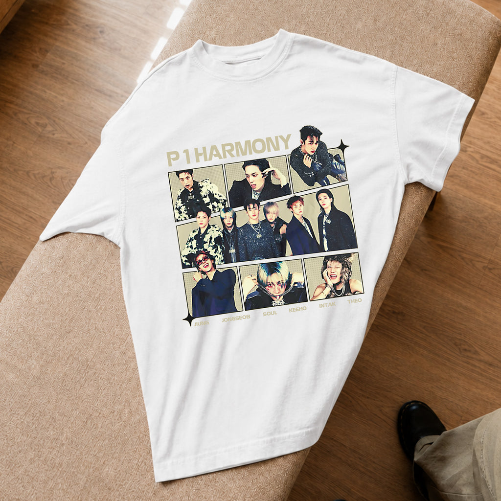 P1Harmony Member T-Shirt - Spread view, Y2K kpop concert tee