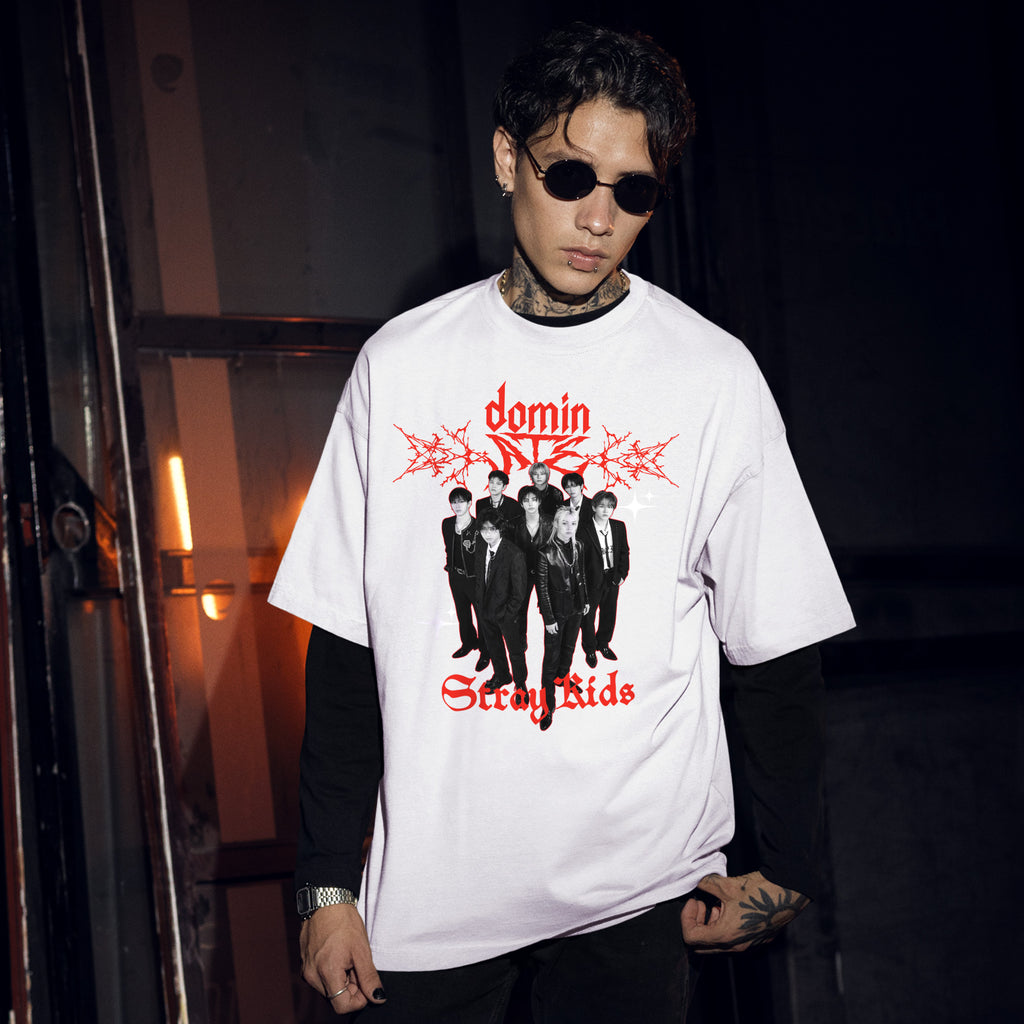 Stray Kids Boys Band T-Shirt - Men Front view, Y2K kpop concert tee