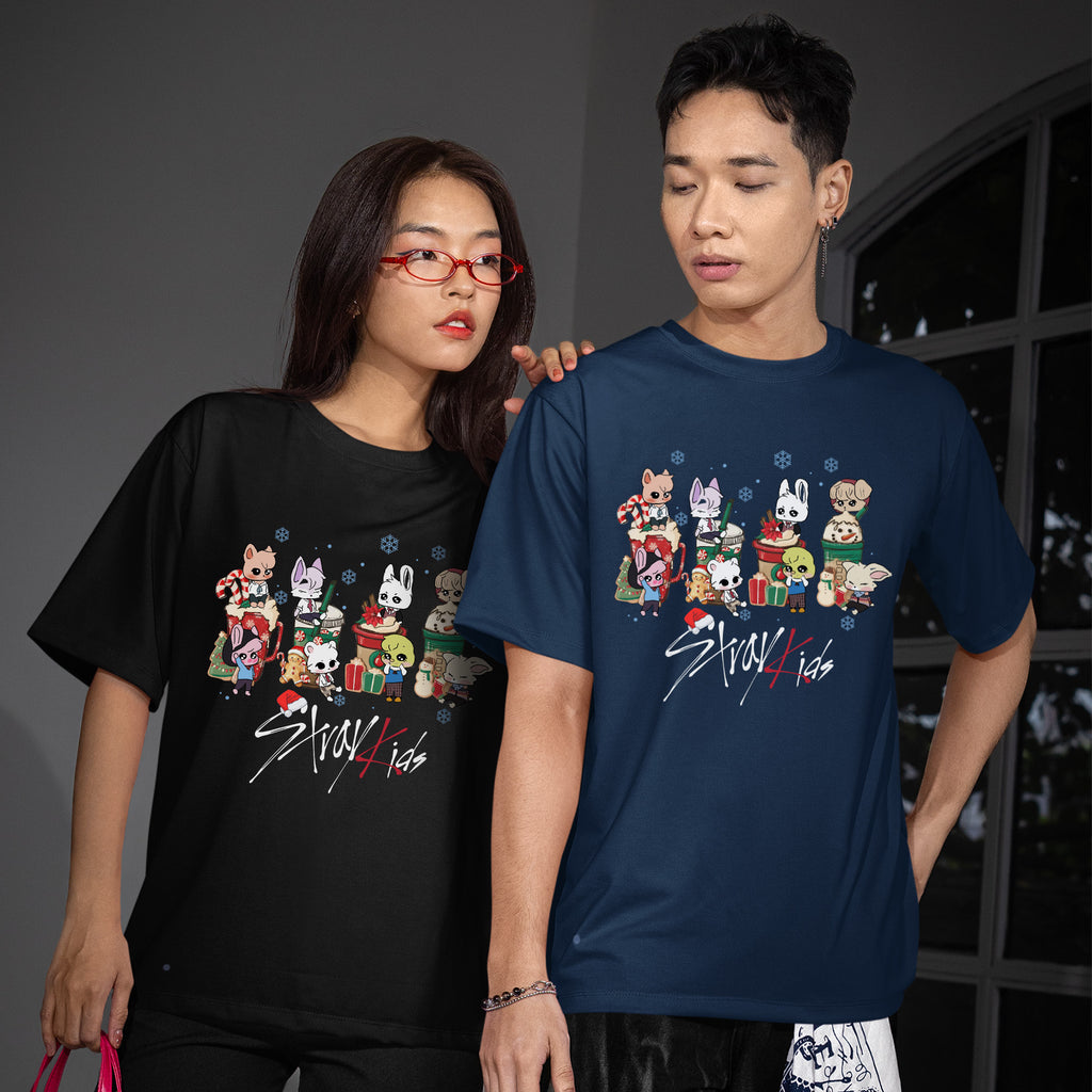 Stray Kids Cute Skzoo Drinks Christmas T-Shirt - Couple view, Y2K kpop concert tee