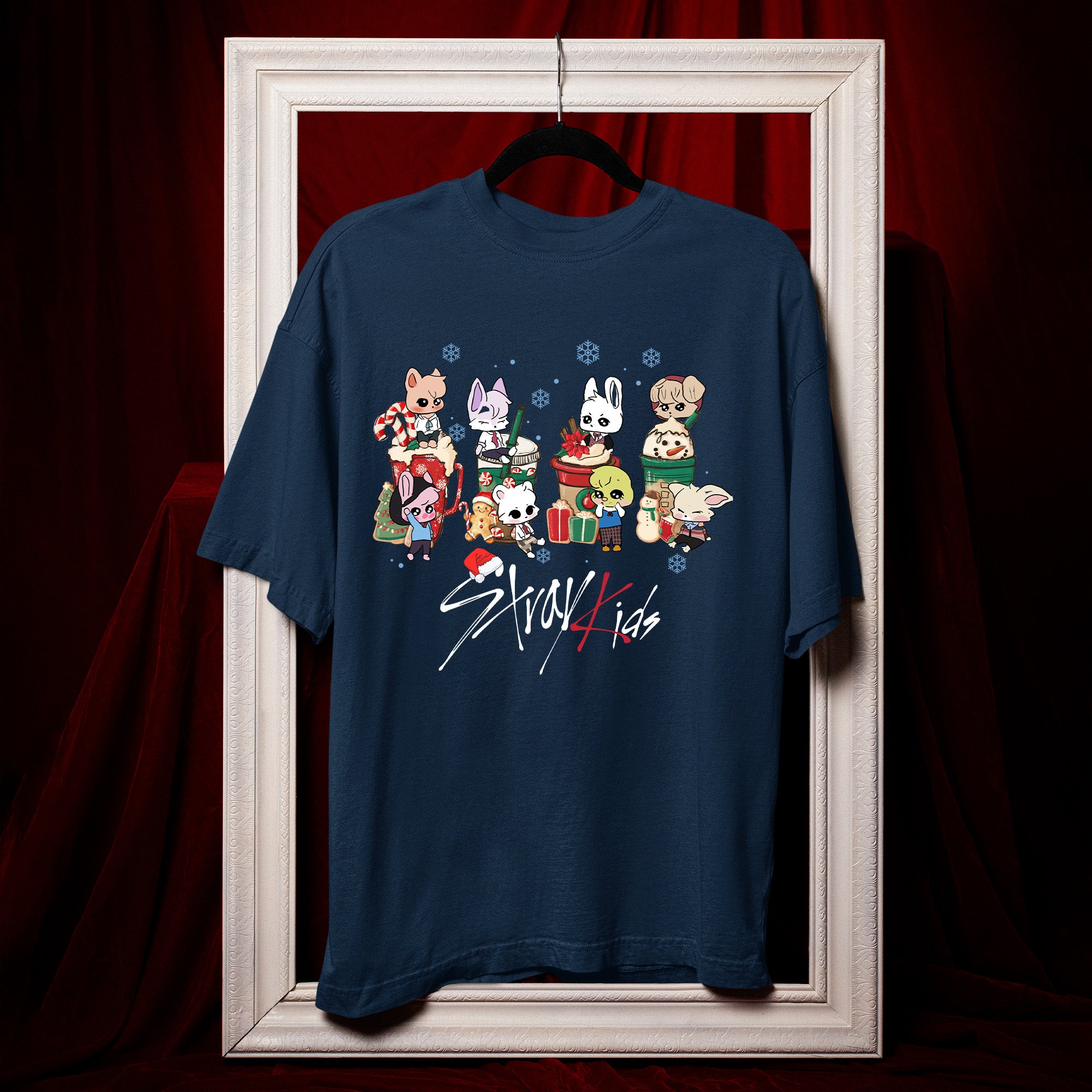 Stray Kids Cute Skzoo Drinks Christmas T-Shirt - Hang view, Y2K kpop concert tee