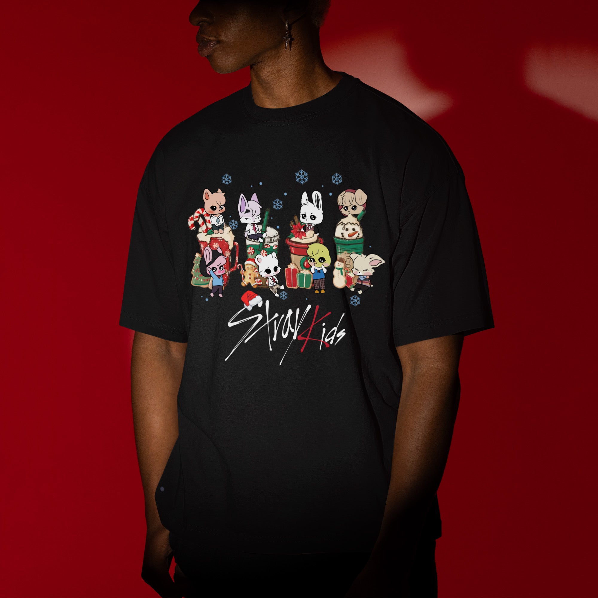 Stray Kids Cute Skzoo Drinks Christmas T-Shirt - Men view, Y2K kpop concert tee