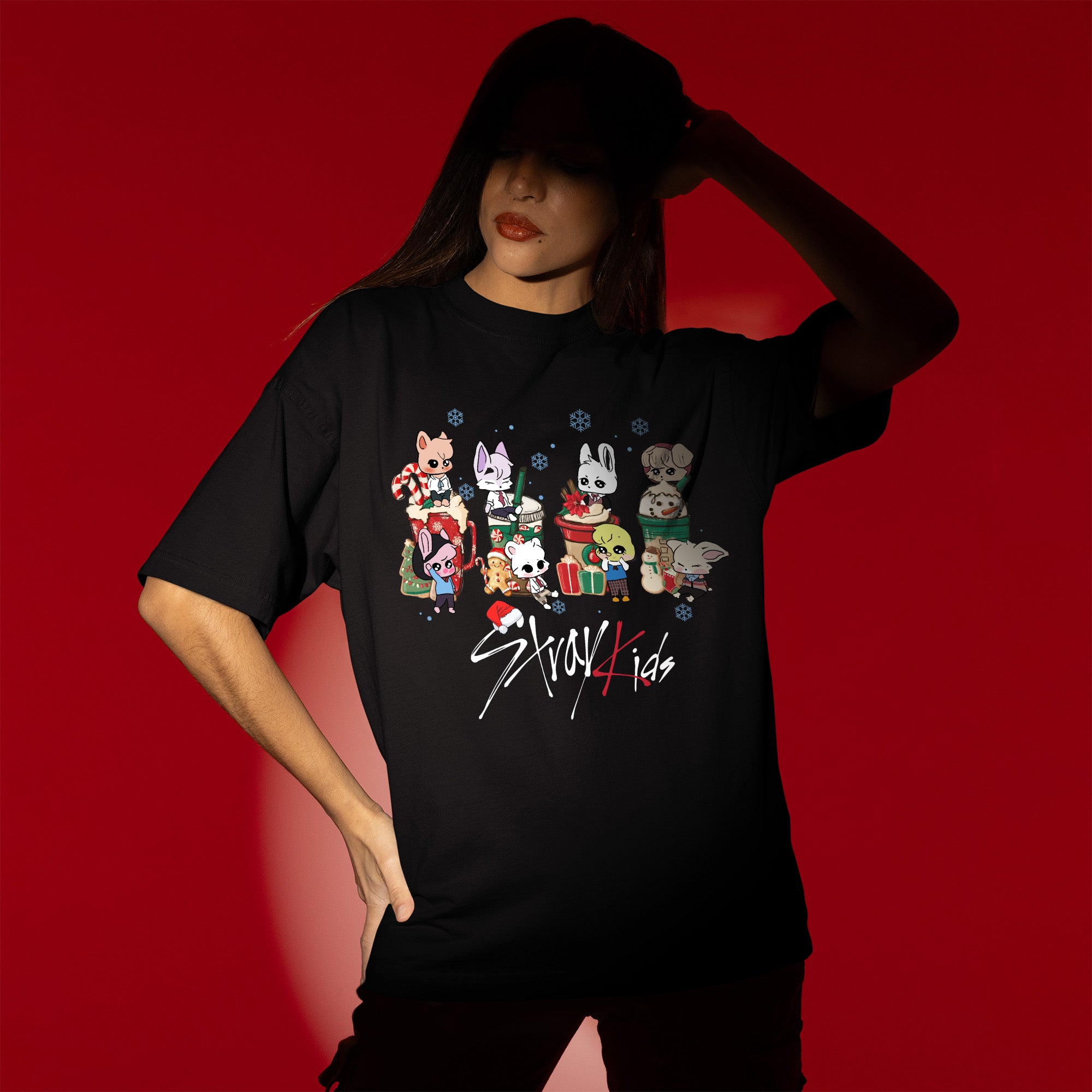 Stray Kids Cute Skzoo Drinks Christmas T-Shirt - Women view, Y2K kpop concert tee