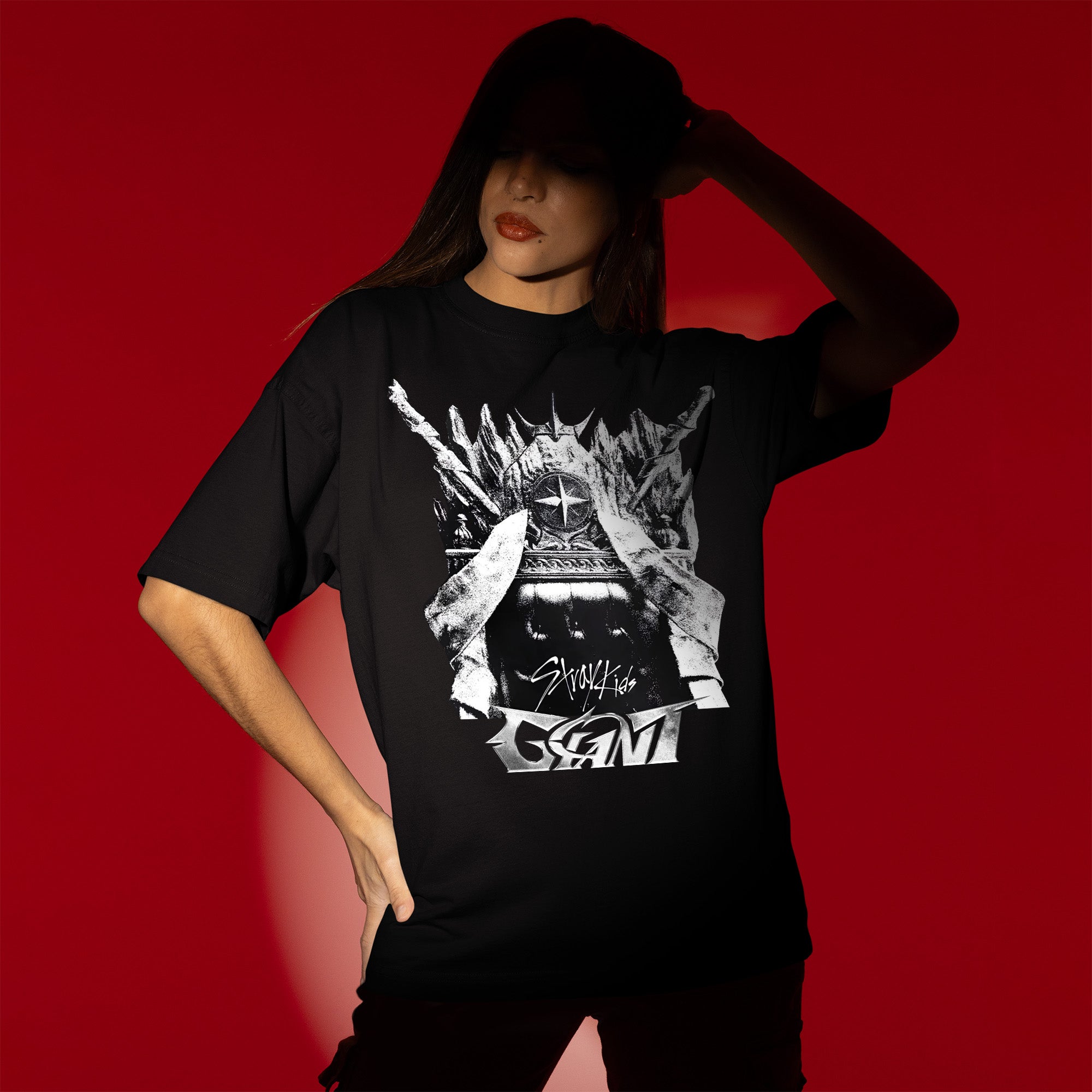 Stray Kids Giant Album Cover T-Shirt - Women view, Y2K kpop concert tee